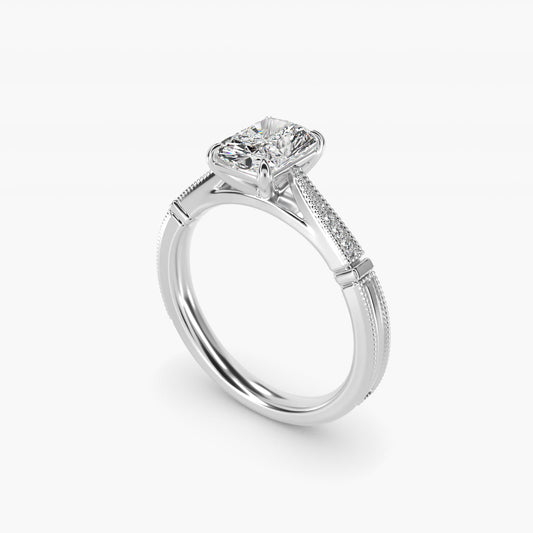 Six-Prong Vintage Milgrain and Diamond Engagement Ring in 14k White Gold - Radiant Center