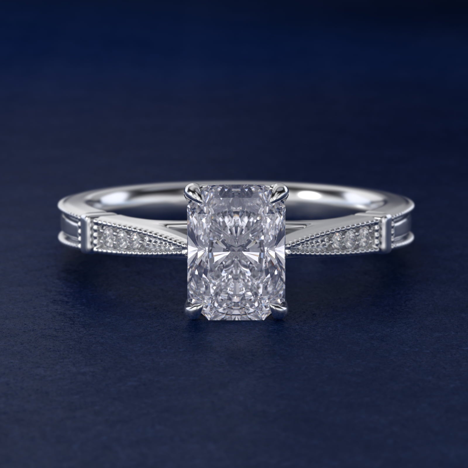 Six-Prong Vintage Milgrain and Diamond Engagement Ring in 14k White Gold - Radiant Center