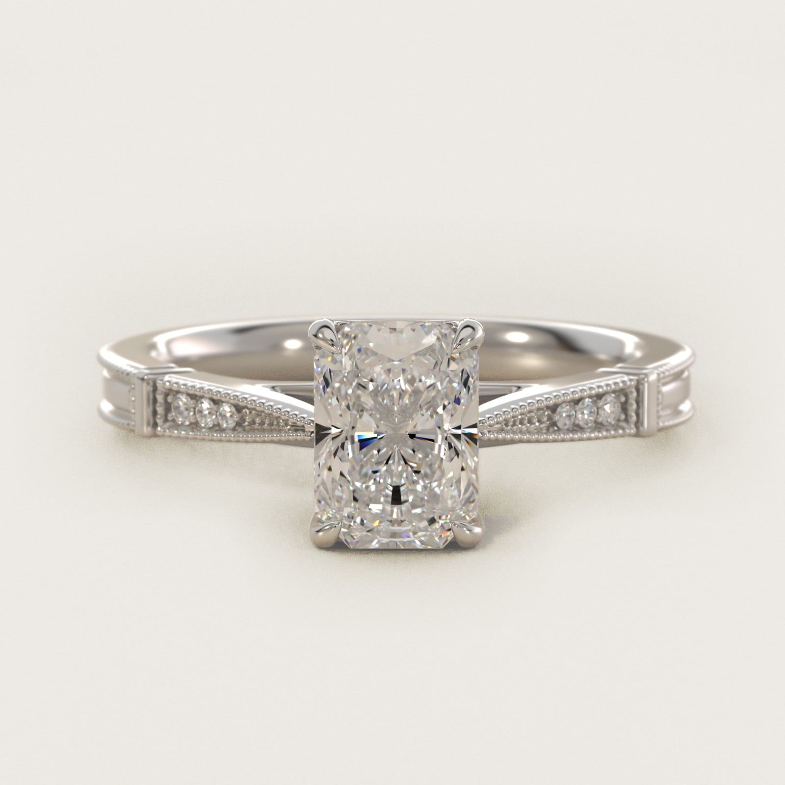 Six-Prong Vintage Milgrain and Diamond Engagement Ring in 14k White Gold - Radiant Center