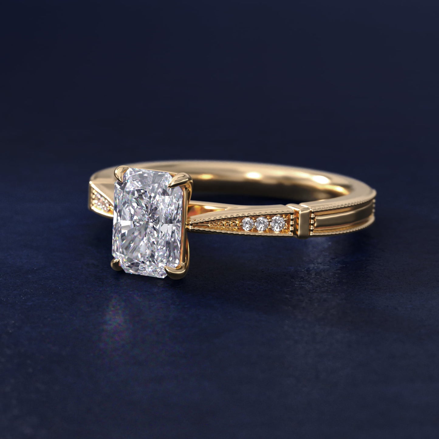 Six-Prong Vintage Milgrain and Diamond Engagement Ring in 14k Yellow Gold - Radiant Center