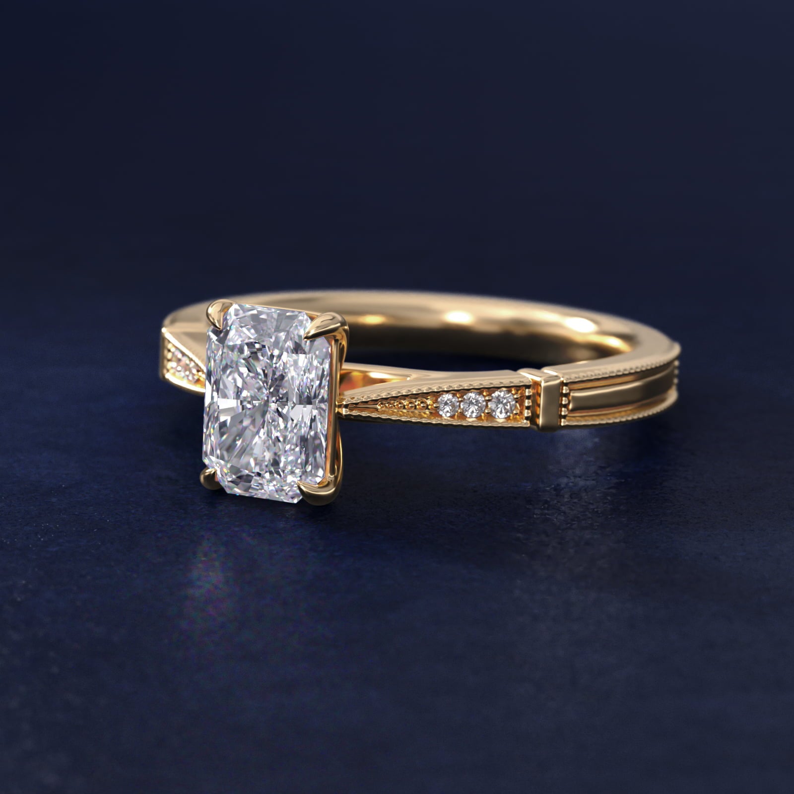 Six-Prong Vintage Milgrain and Diamond Engagement Ring in 14k Yellow Gold - Radiant Center