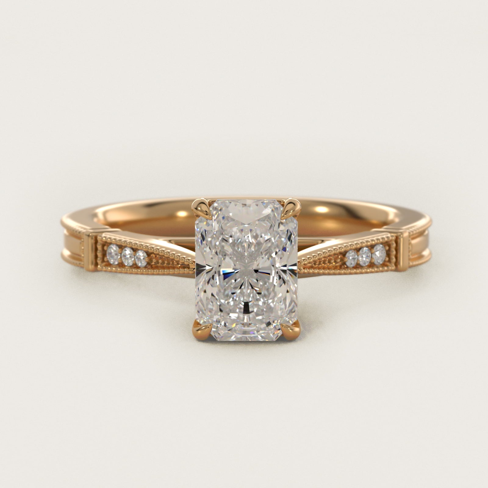 Six-Prong Vintage Milgrain and Diamond Engagement Ring in 14k Yellow Gold - Radiant Center