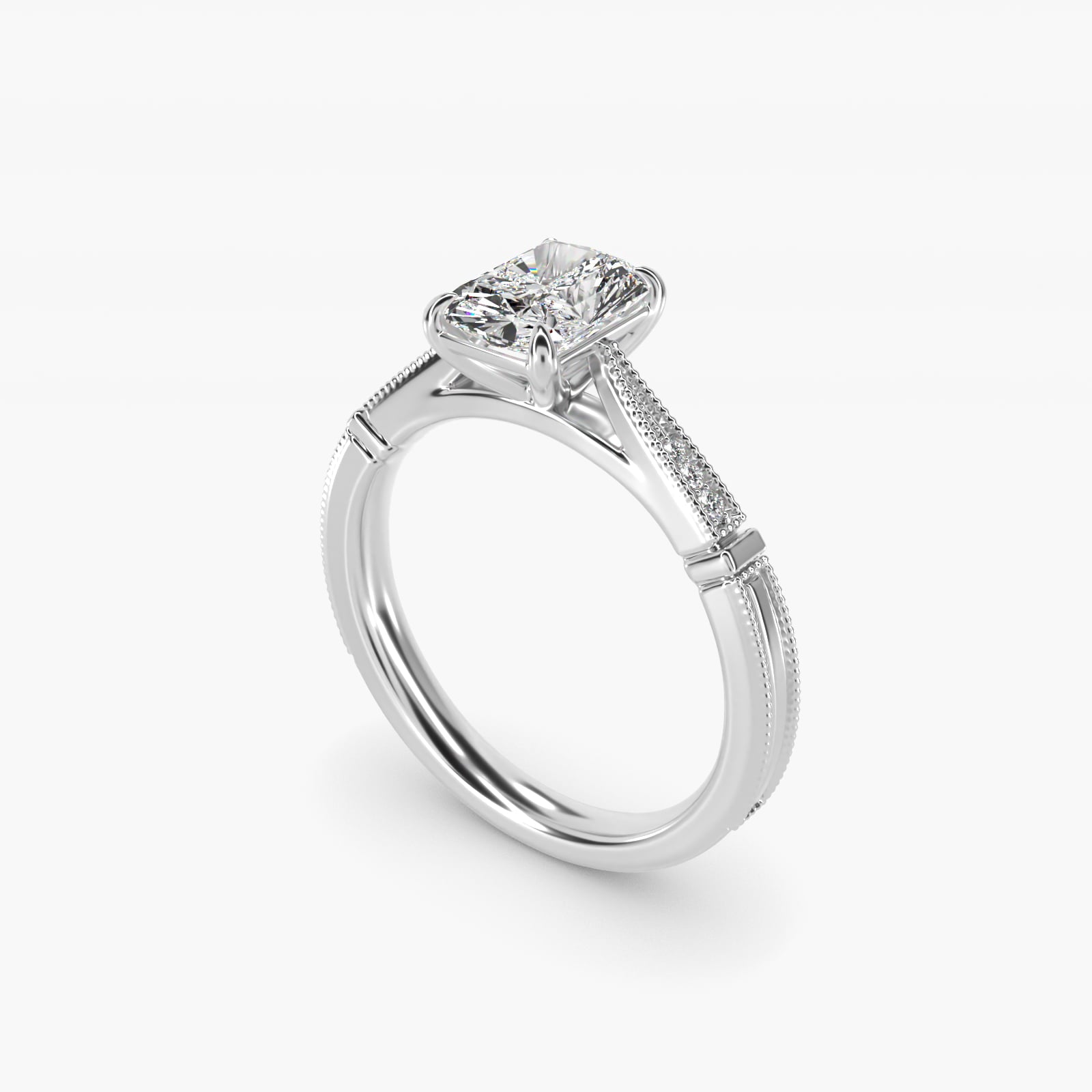 Six-Prong Vintage Milgrain and Diamond Engagement Ring in Platinum - Radiant Center