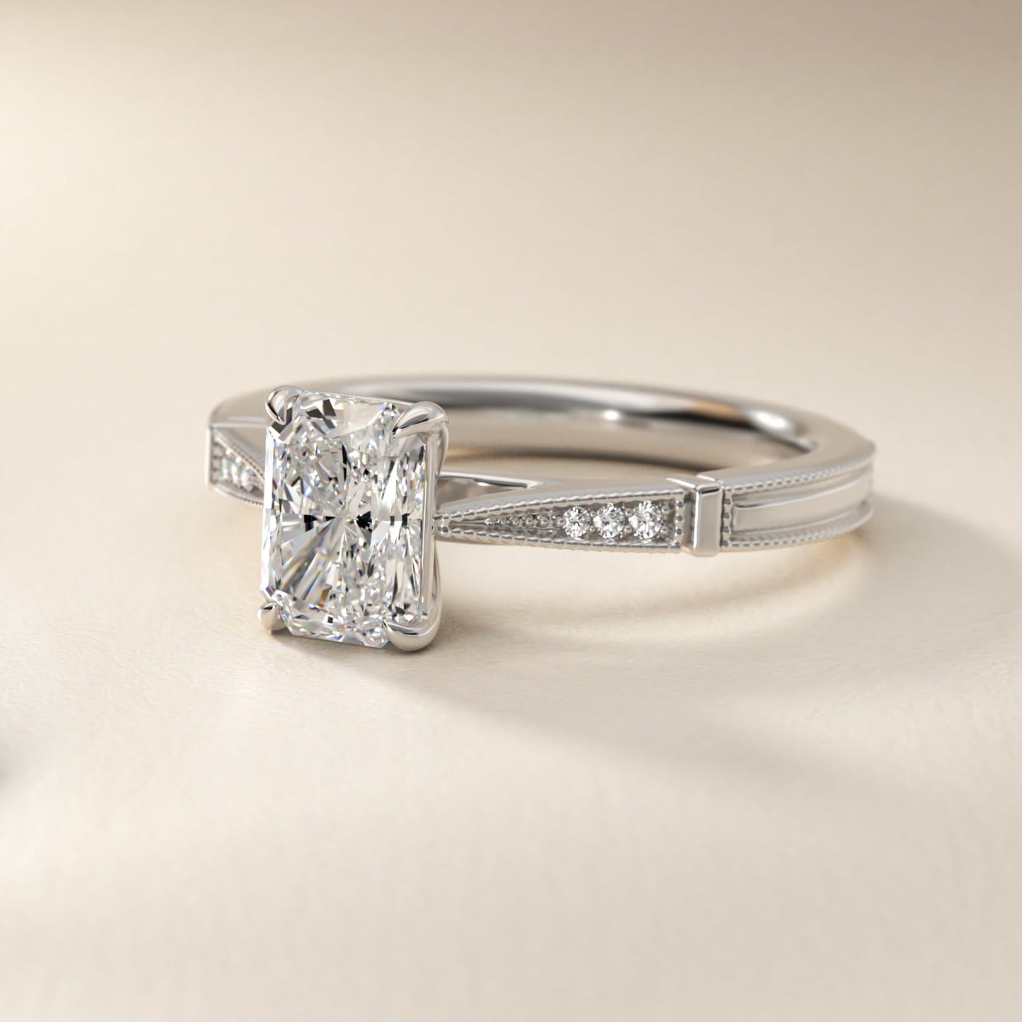 Six-Prong Vintage Milgrain and Diamond Engagement Ring in Platinum - Radiant Center