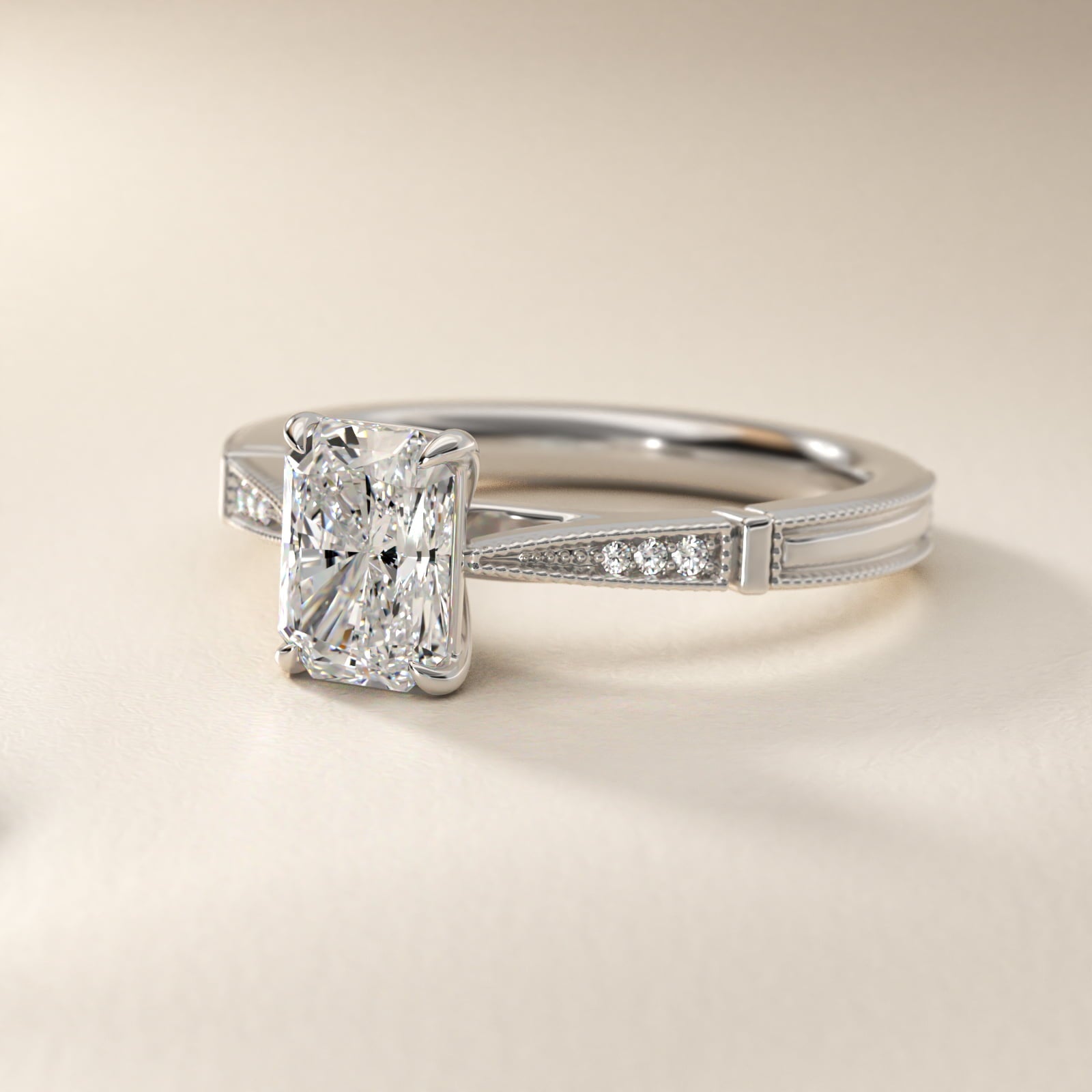 Six-Prong Vintage Milgrain and Diamond Engagement Ring in Platinum - Radiant Center