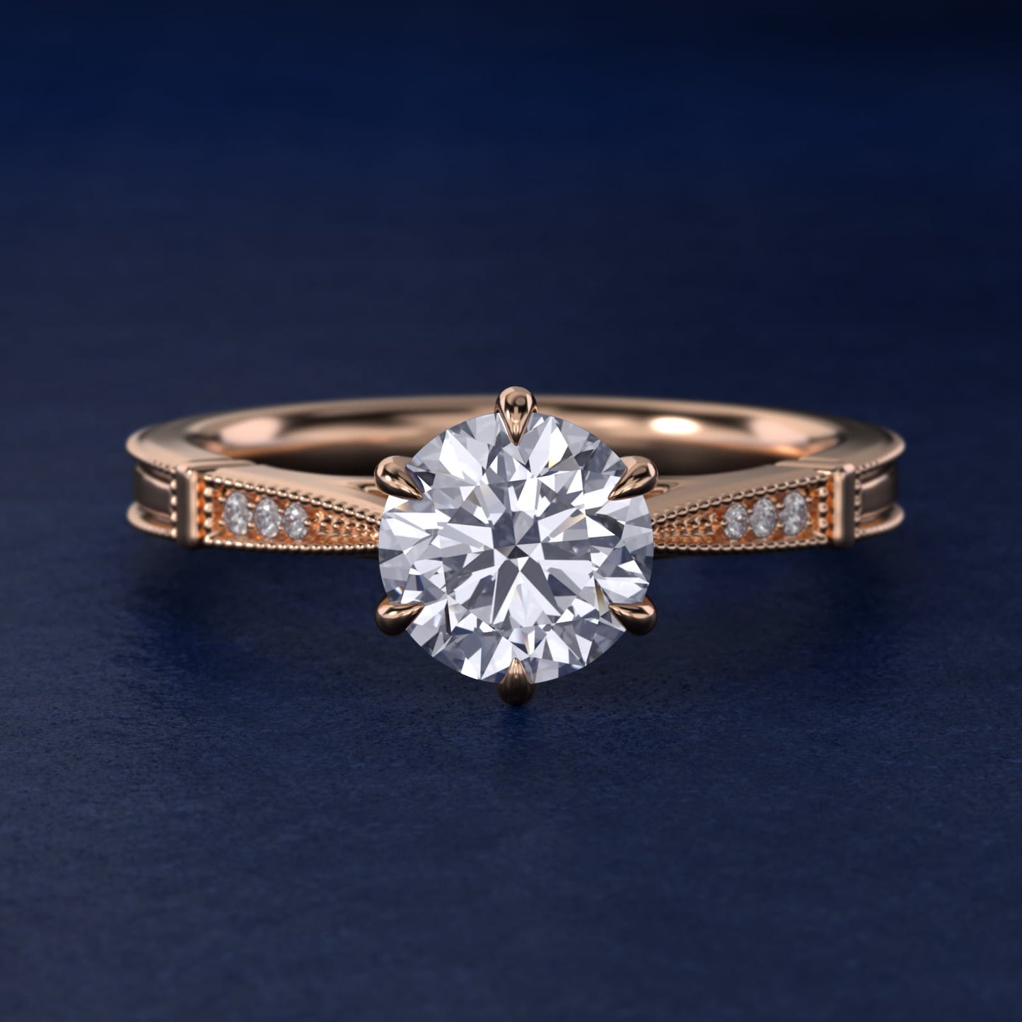 Six-Prong Vintage Milgrain and Diamond Engagement Ring in 14k Rose Gold - Round Center