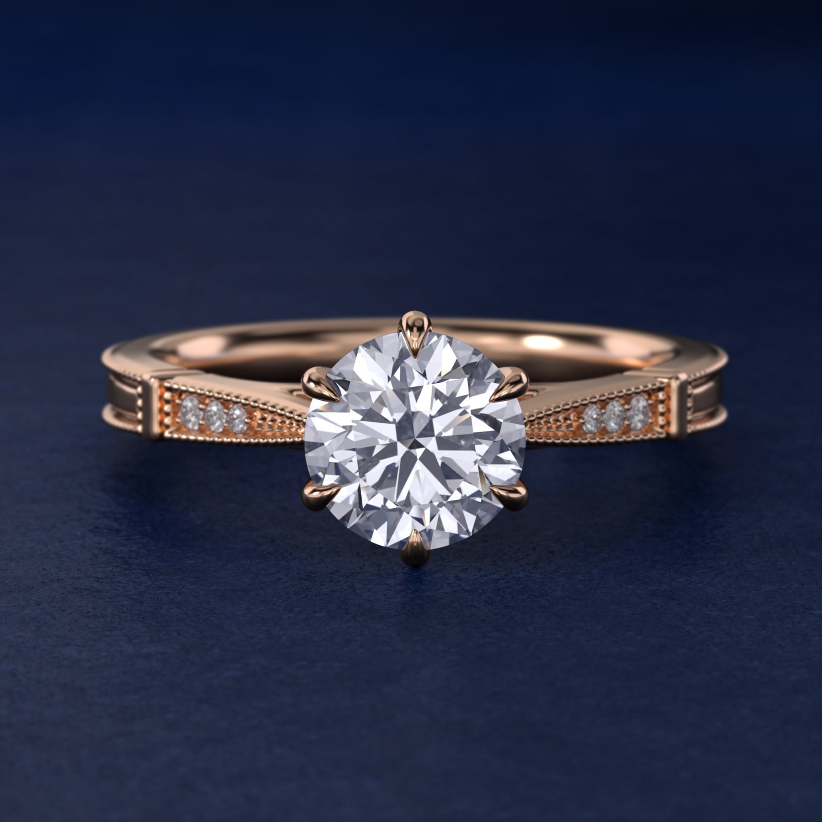 Six-Prong Vintage Milgrain and Diamond Engagement Ring in 18k Rose Gold - Round Center