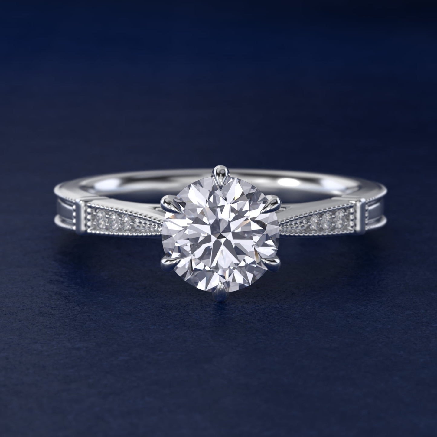 Six-Prong Vintage Milgrain and Diamond Engagement Ring in 14k White Gold - Round Center