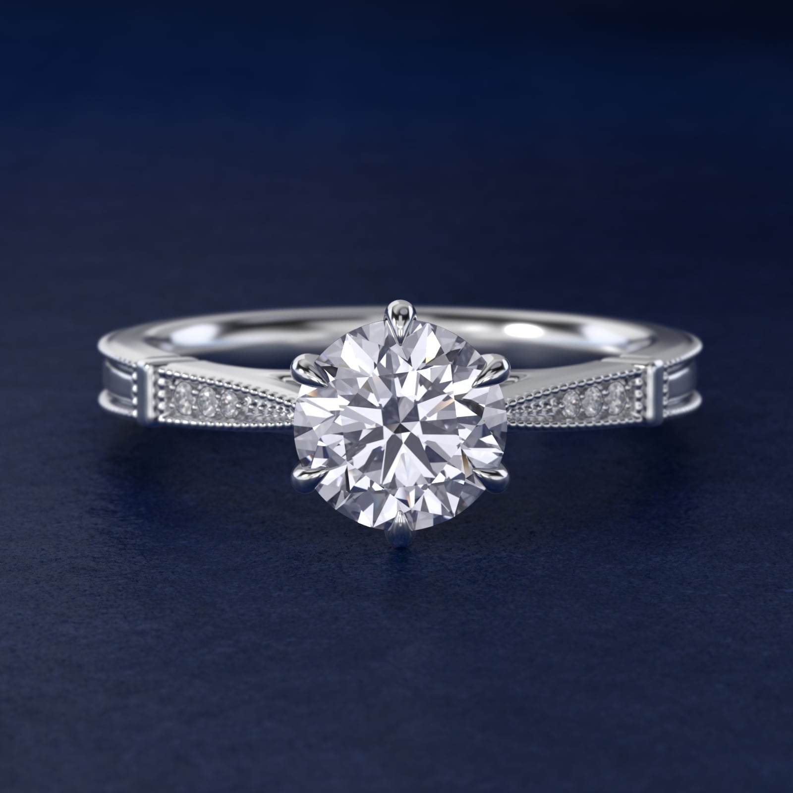 Six-Prong Vintage Milgrain and Diamond Engagement Ring in 14k White Gold - Round Center