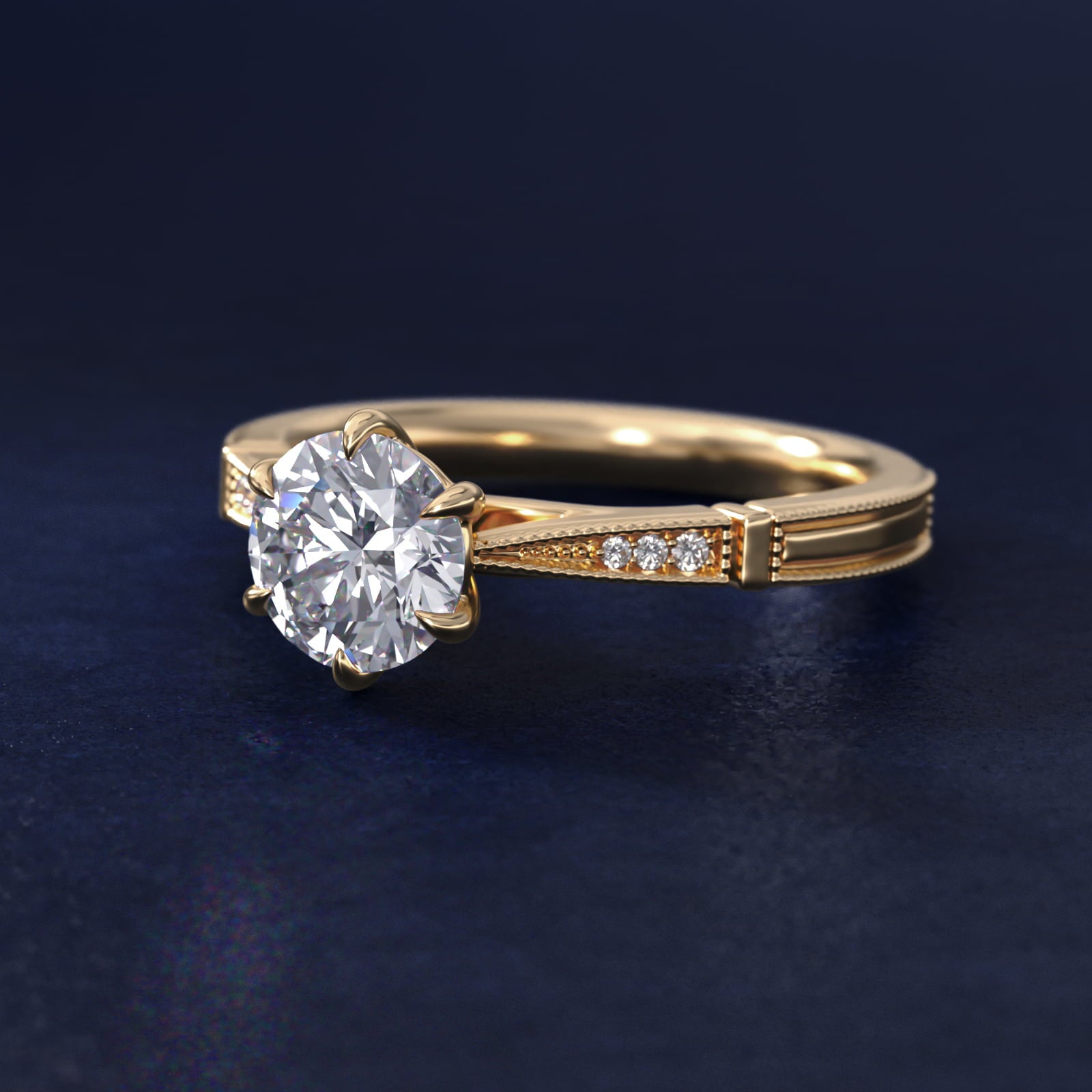 Six-Prong Vintage Milgrain and Diamond Engagement Ring in 14k Yellow Gold - Round Center