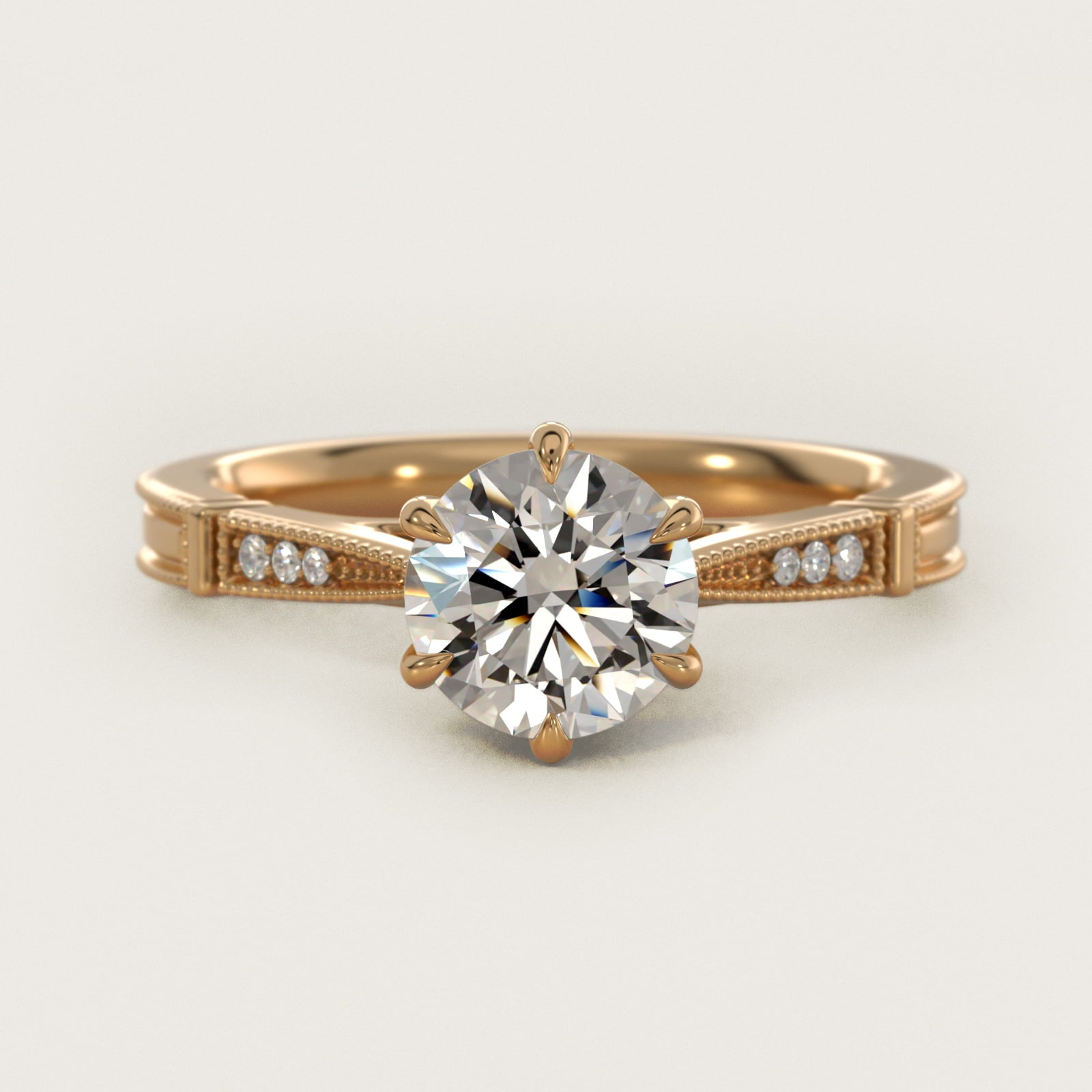 Six-Prong Vintage Milgrain and Diamond Engagement Ring in 14k Yellow Gold - Round Center