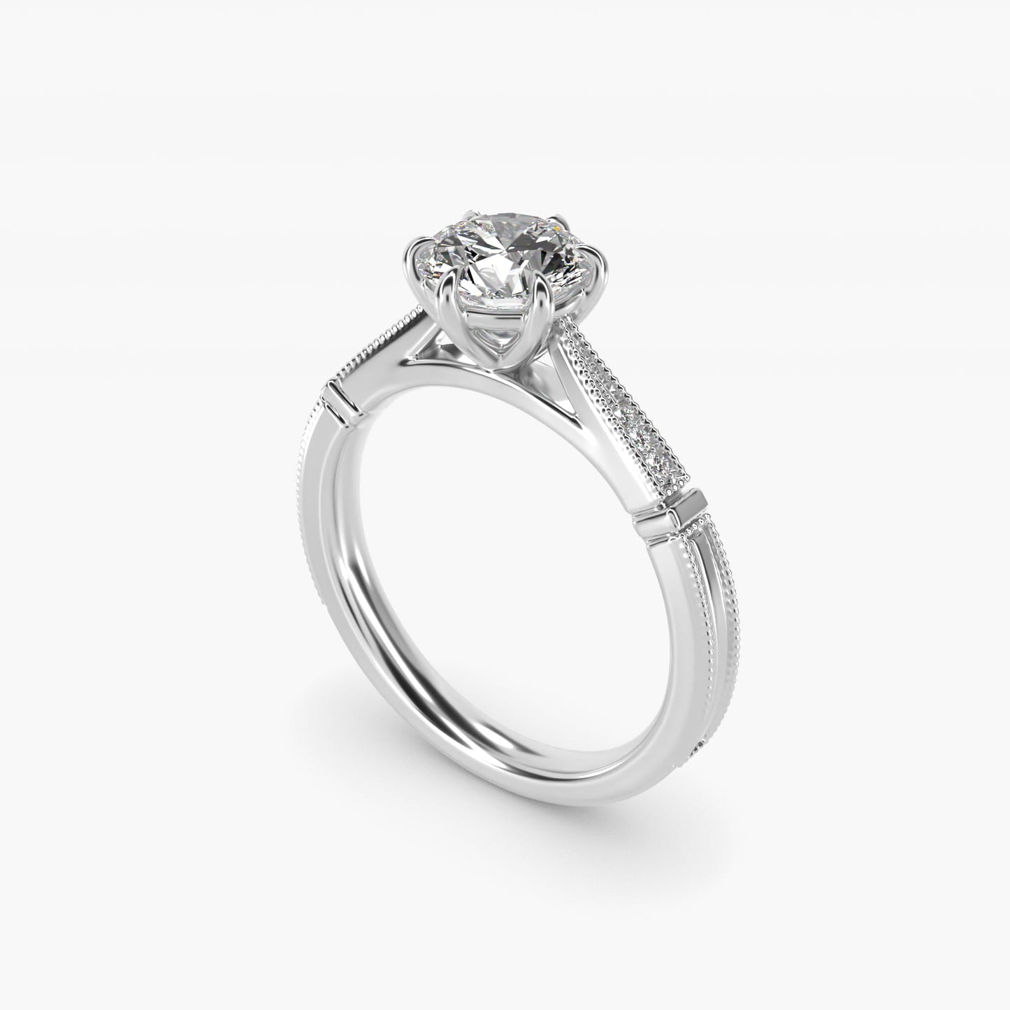 Six-Prong Vintage Milgrain and Diamond Engagement Ring in Platinum - Round Center