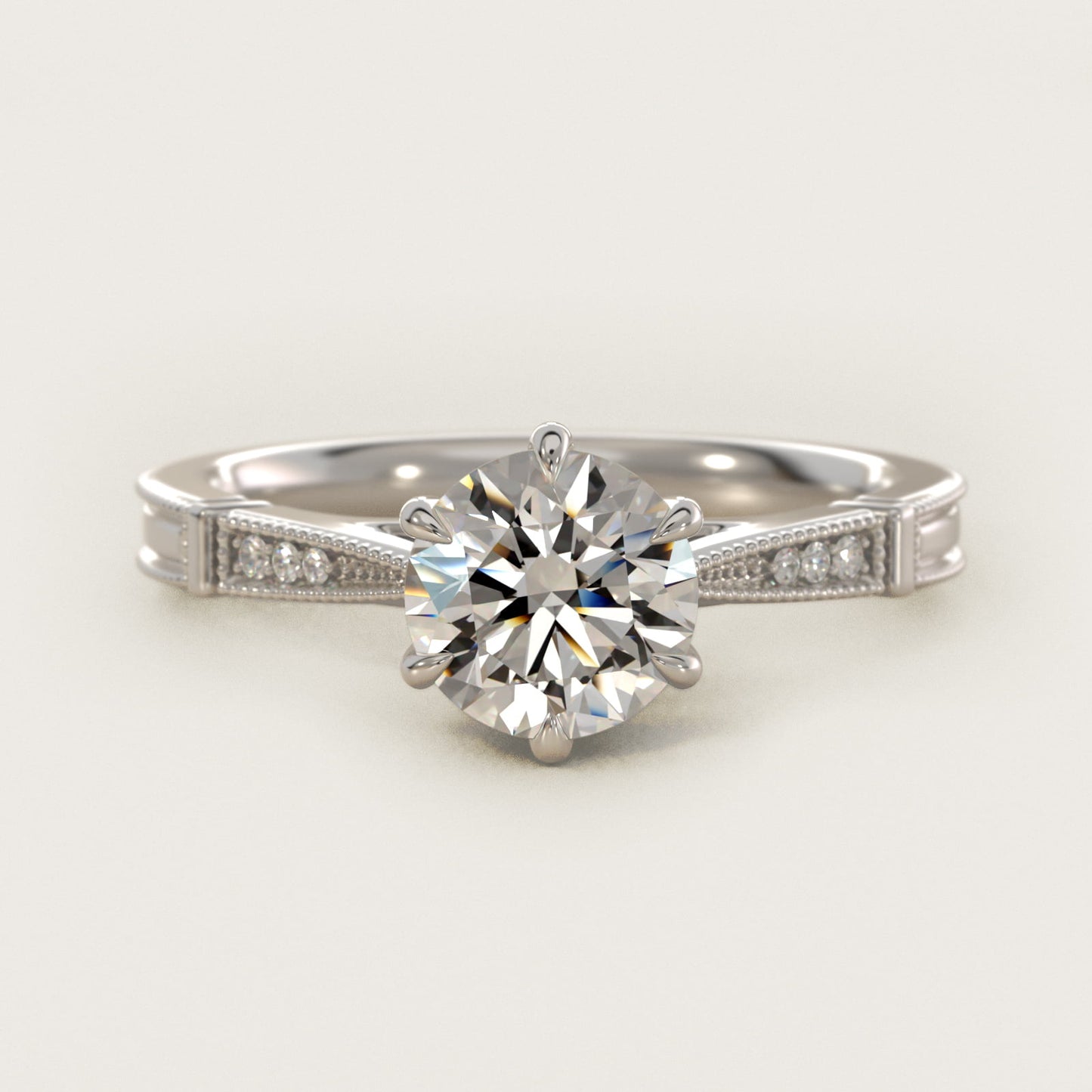 Six-Prong Vintage Milgrain and Diamond Engagement Ring in Platinum - Round Center