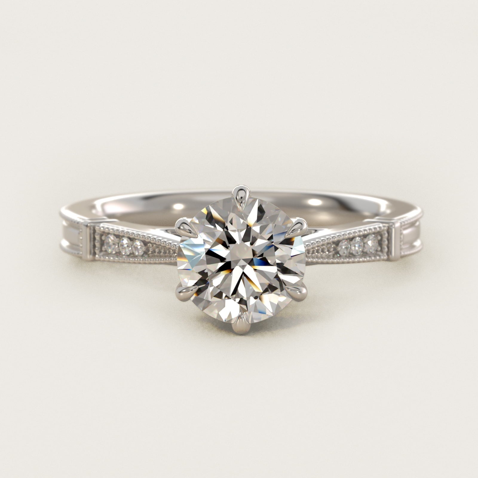 Six-Prong Vintage Milgrain and Diamond Engagement Ring in Platinum - Round Center