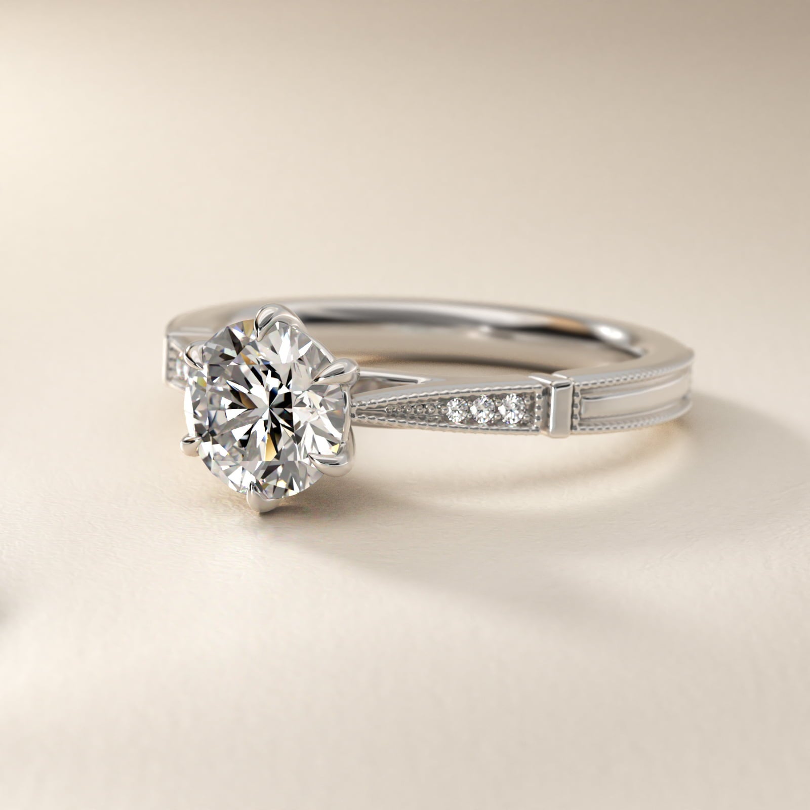 Six-Prong Vintage Milgrain and Diamond Engagement Ring in Platinum - Round Center