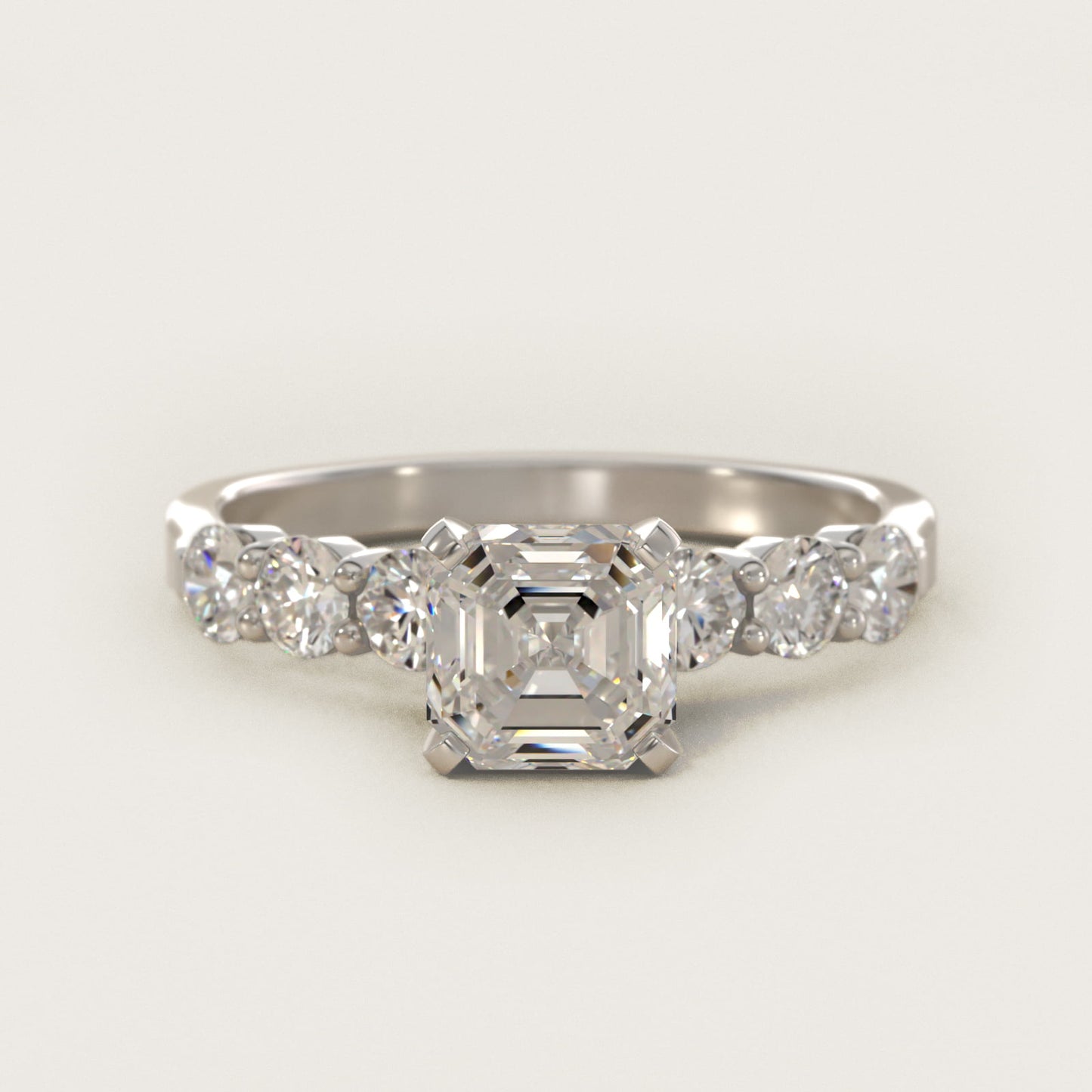 Six Round Side Stone Diamond Common Prong Engagement Ring In Platinum By James Allen - Asscher Center