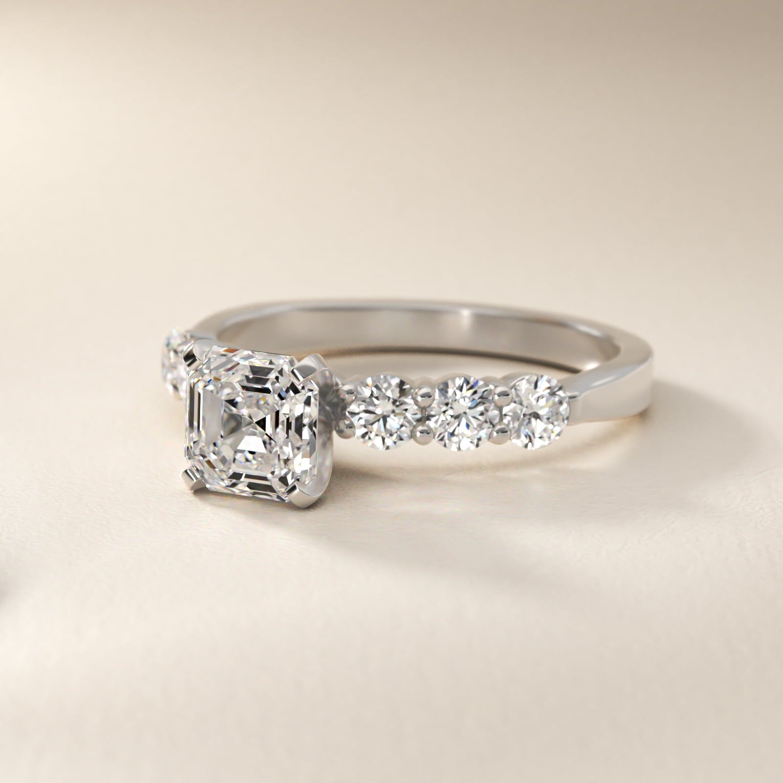 Six Round Side Stone Diamond Common Prong Engagement Ring In Platinum By James Allen - Asscher Center