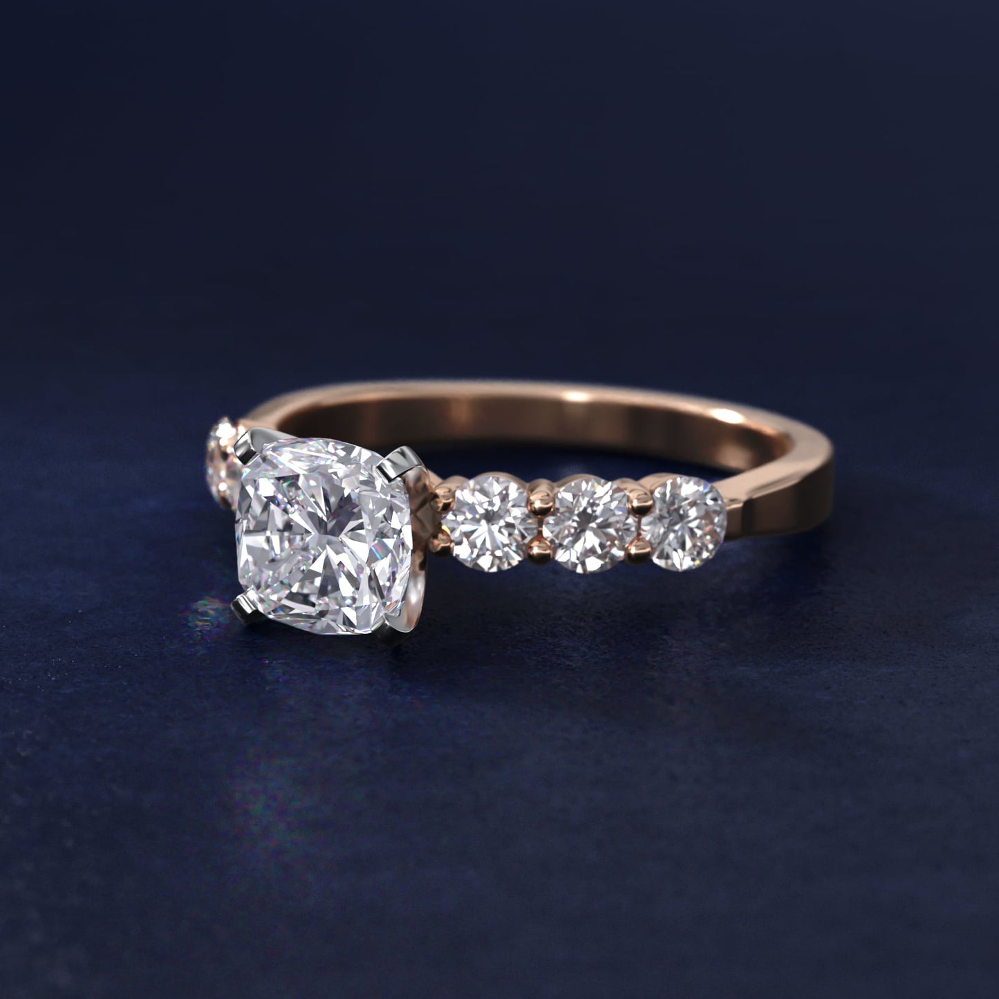 Six Round Side Stone Diamond Common Prong Engagement Ring In 14K Rose Gold By James Allen - Cushion Center