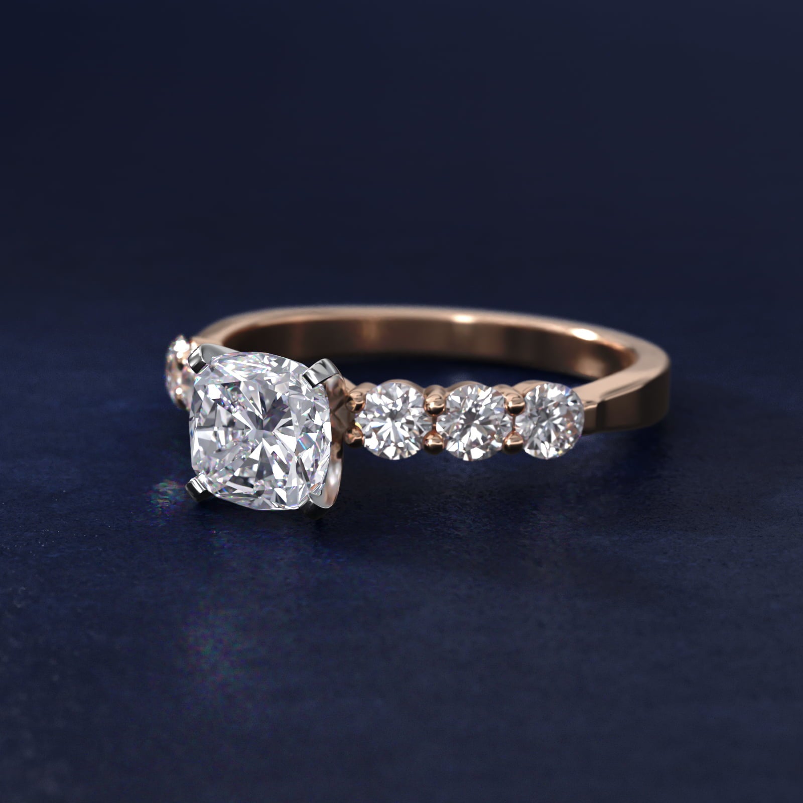 Six Round Side Stone Diamond Common Prong Engagement Ring In 18k Rose Gold By James Allen - Cushion Center
