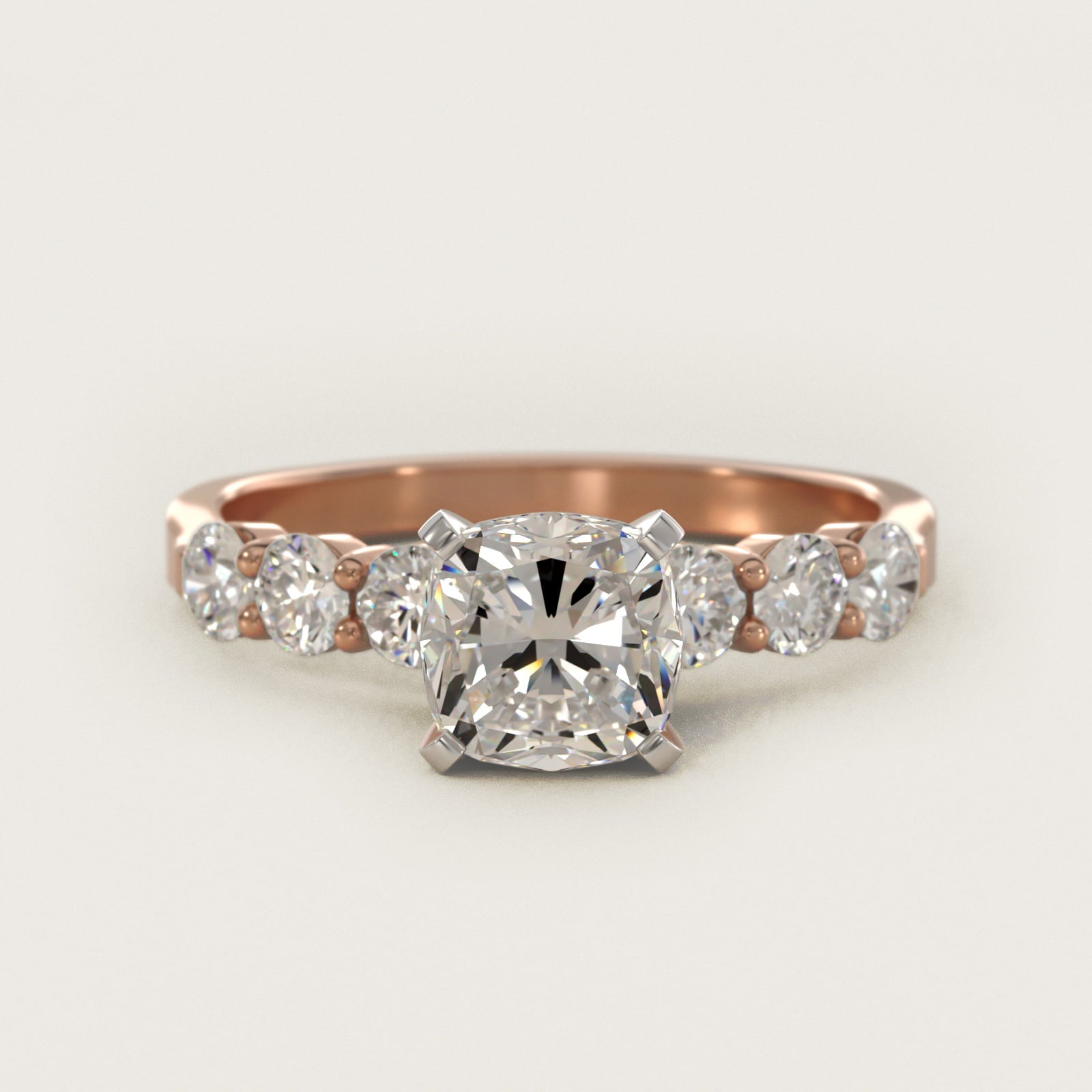 Six Round Side Stone Diamond Common Prong Engagement Ring In 14K Rose Gold By James Allen - Cushion Center