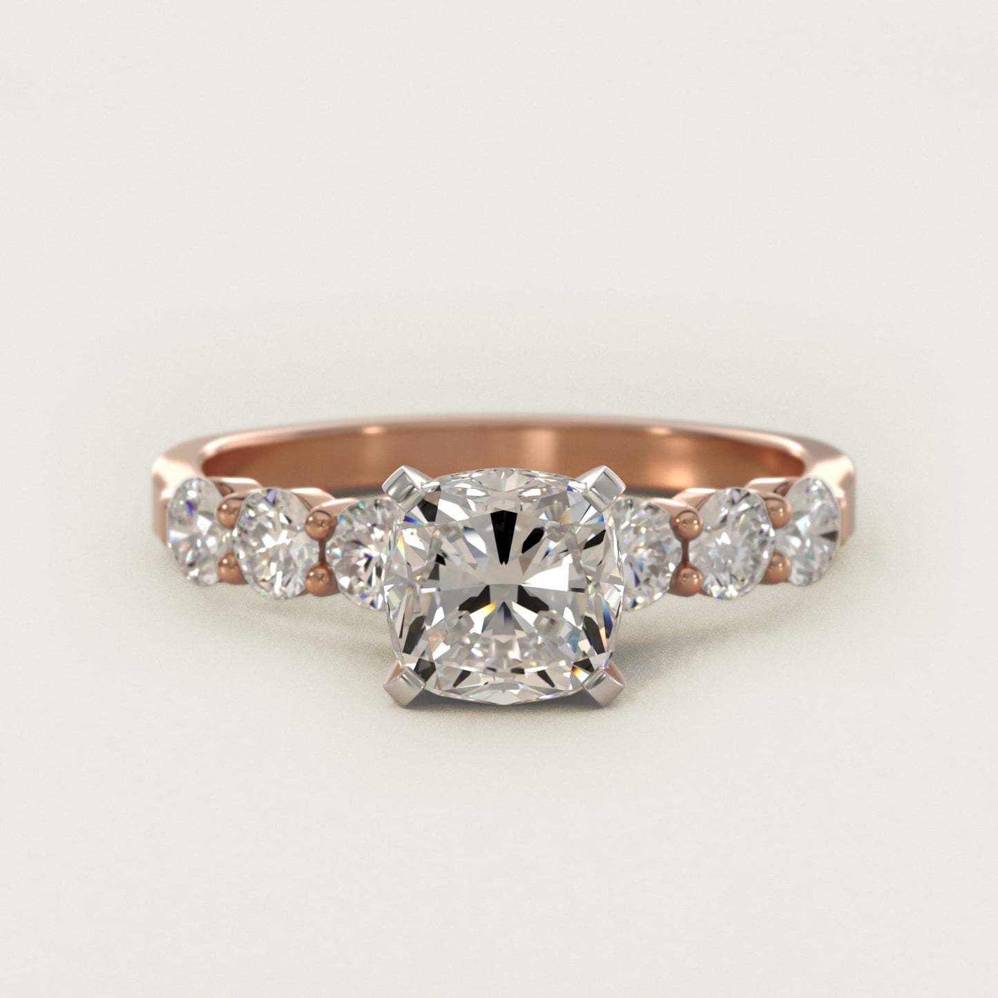 Six Round Side Stone Diamond Common Prong Engagement Ring In 18k Rose Gold By James Allen - Cushion Center