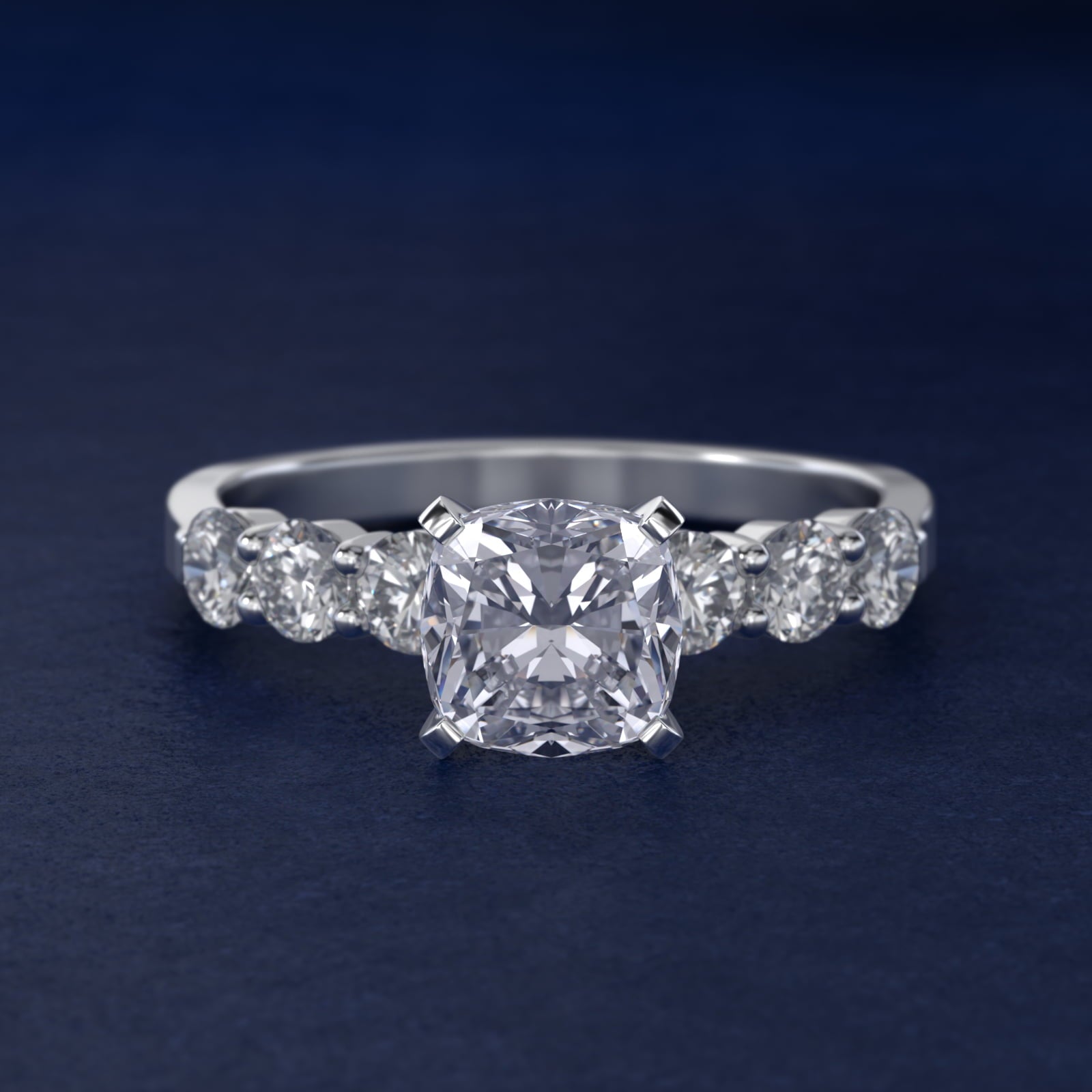 Six Round Side Stone Diamond Common Prong Engagement Ring In 14K White Gold By James Allen - Cushion Center