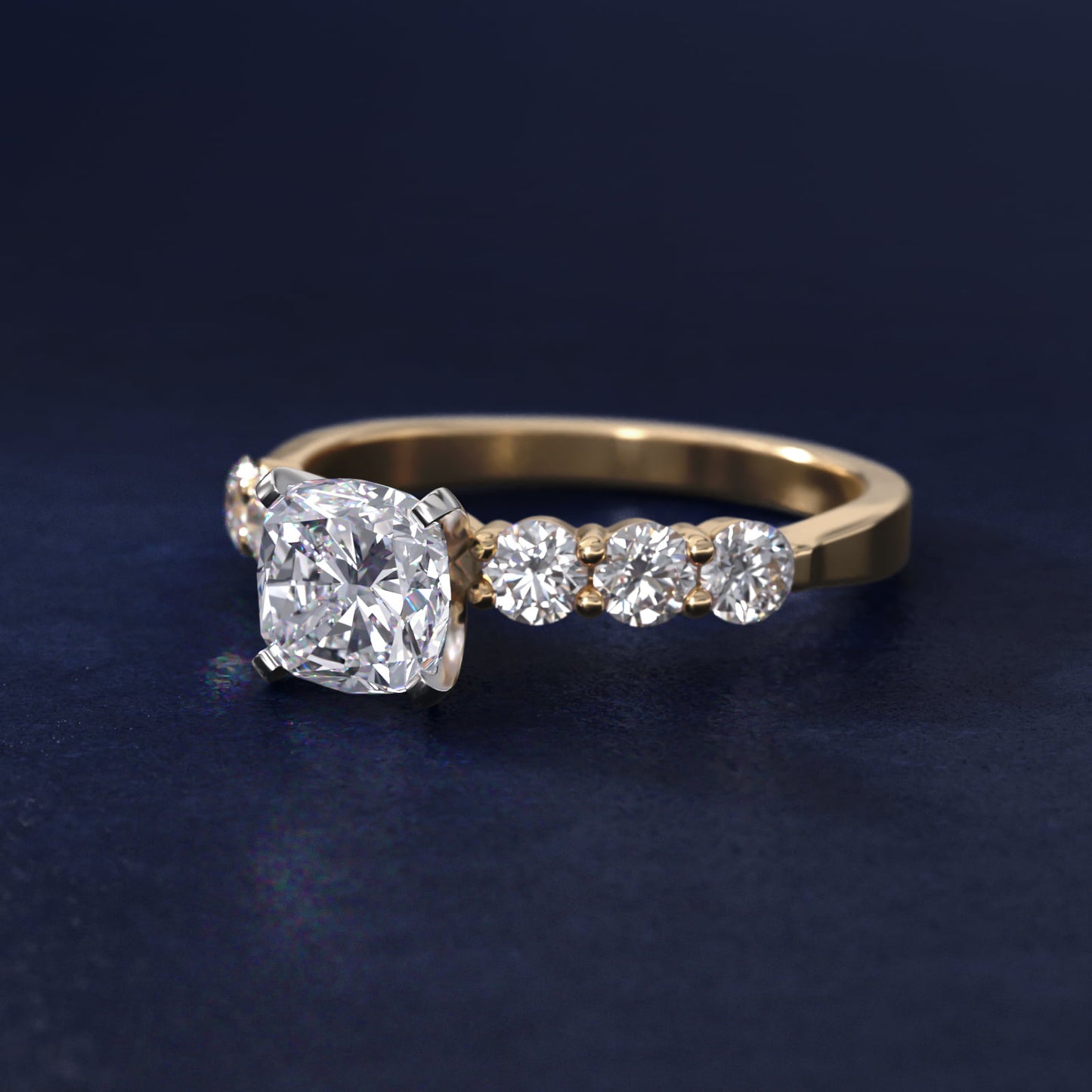 Six Round Side Stone Diamond Common Prong Engagement Ring In 14K Yellow Gold By James Allen - Cushion Center