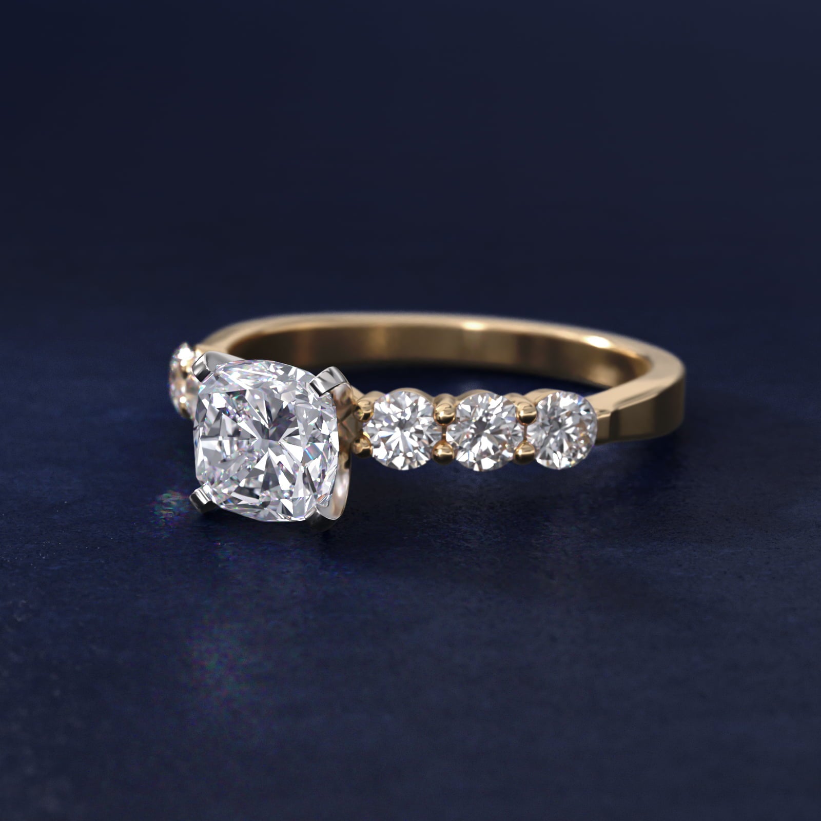 Six Round Side Stone Diamond Common Prong Engagement Ring In 14K Yellow Gold By James Allen - Cushion Center