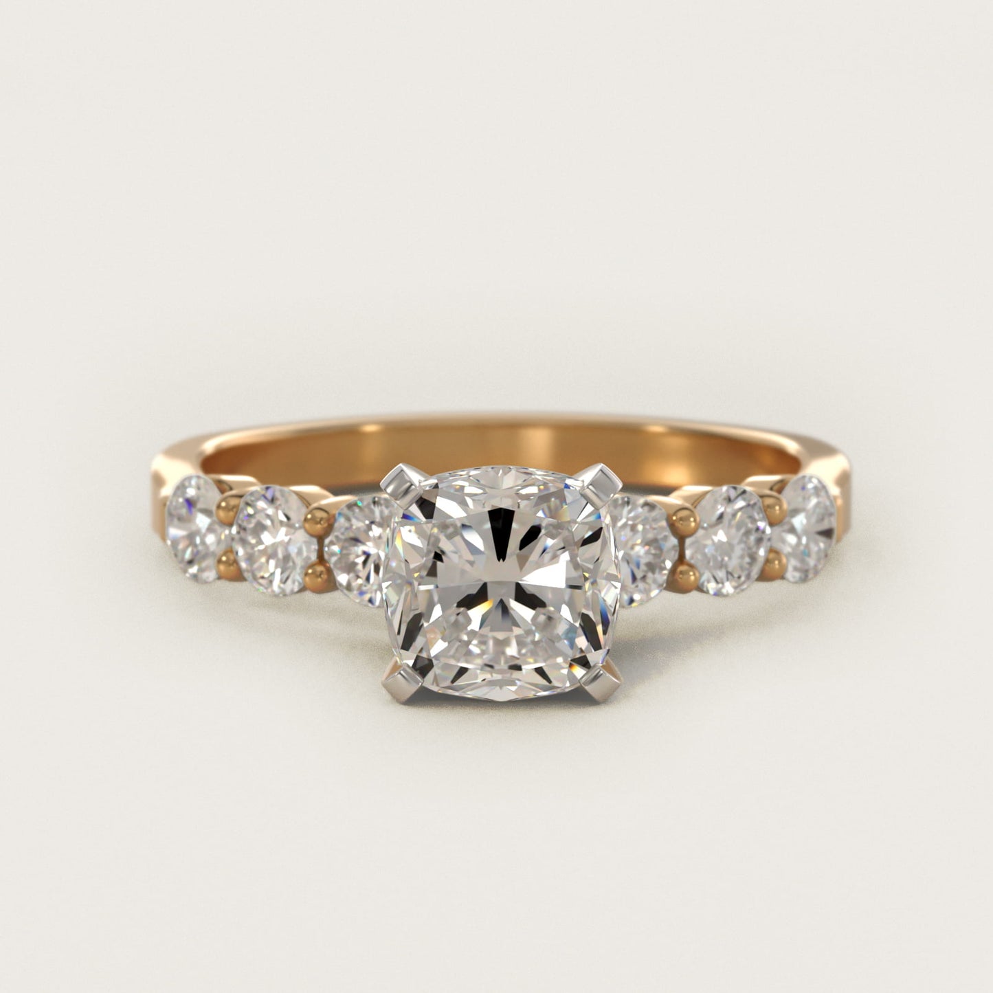 Six Round Side Stone Diamond Common Prong Engagement Ring In 14K Yellow Gold By James Allen - Cushion Center
