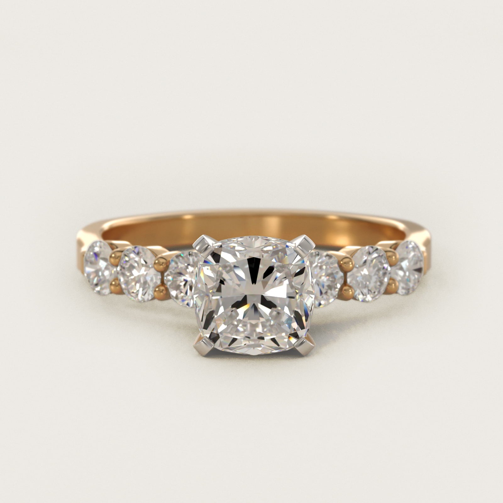 Six Round Side Stone Diamond Common Prong Engagement Ring In 14K Yellow Gold By James Allen - Cushion Center