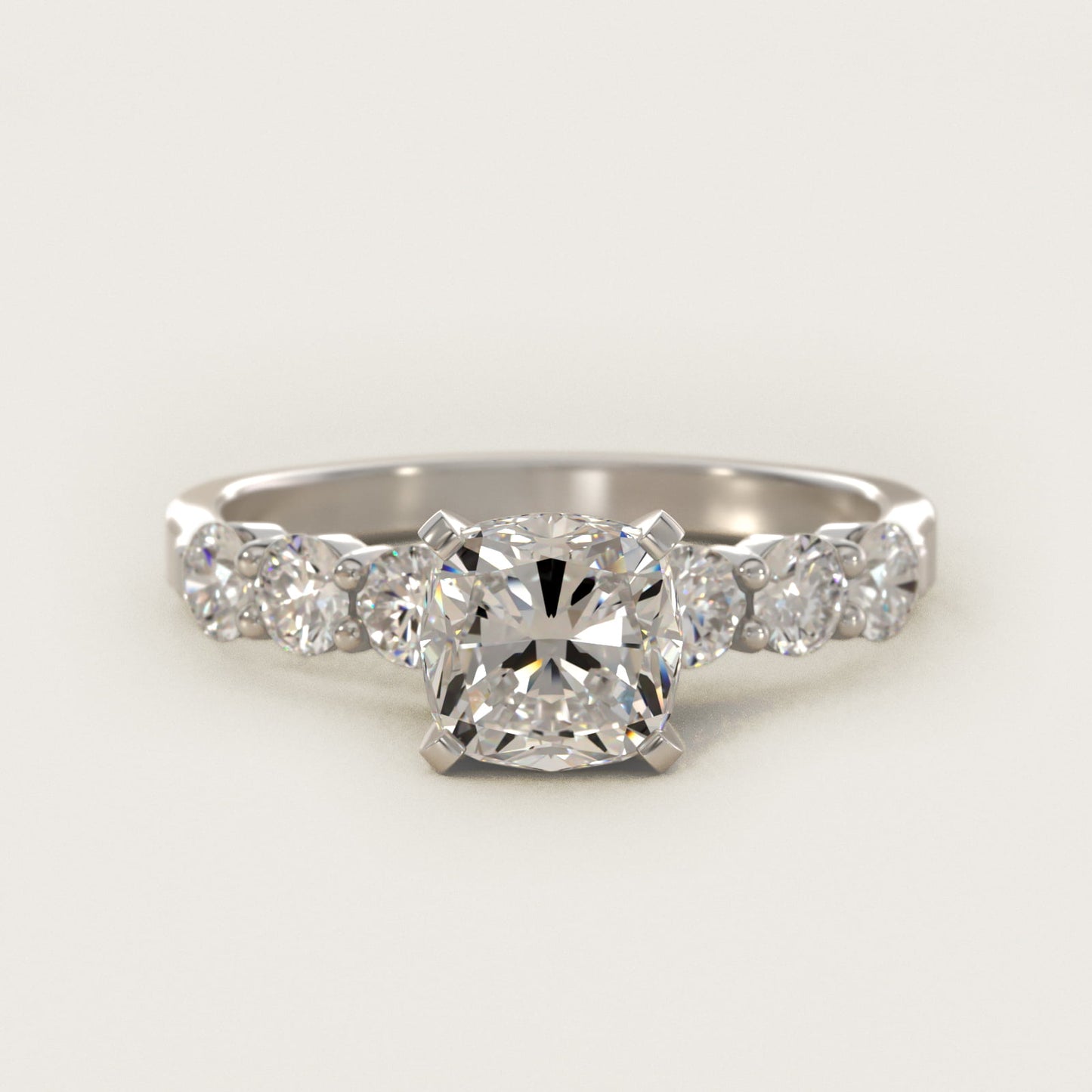 Six Round Side Stone Diamond Common Prong Engagement Ring In Platinum By James Allen - Cushion Center