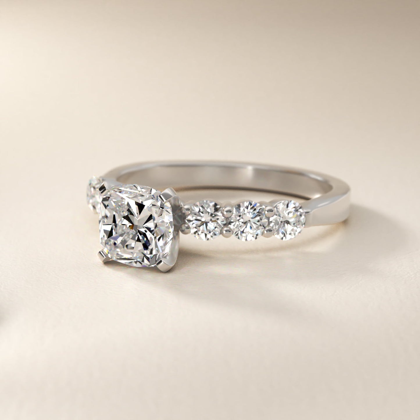 Six Round Side Stone Diamond Common Prong Engagement Ring In Platinum By James Allen - Cushion Center