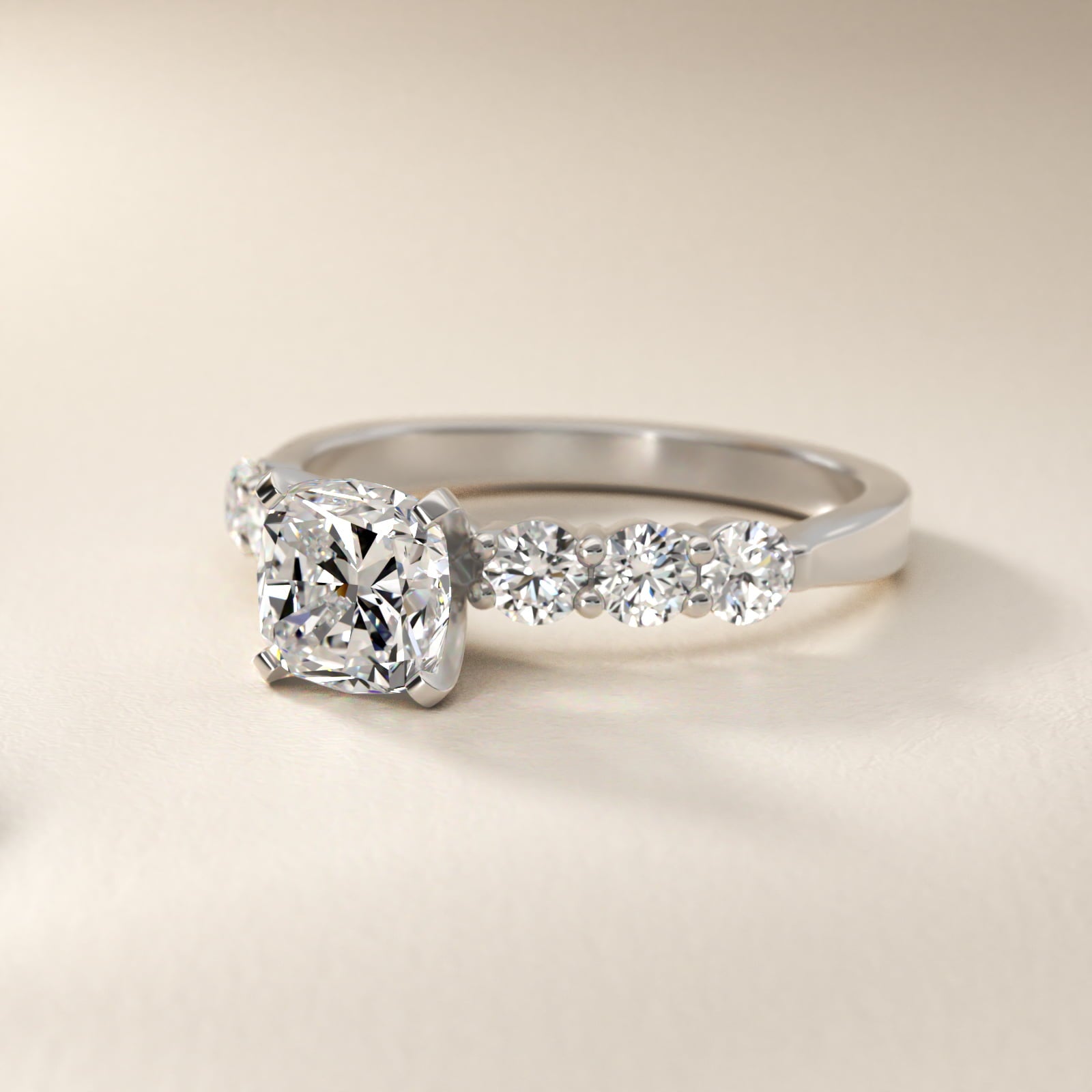 Six Round Side Stone Diamond Common Prong Engagement Ring In Platinum By James Allen - Cushion Center