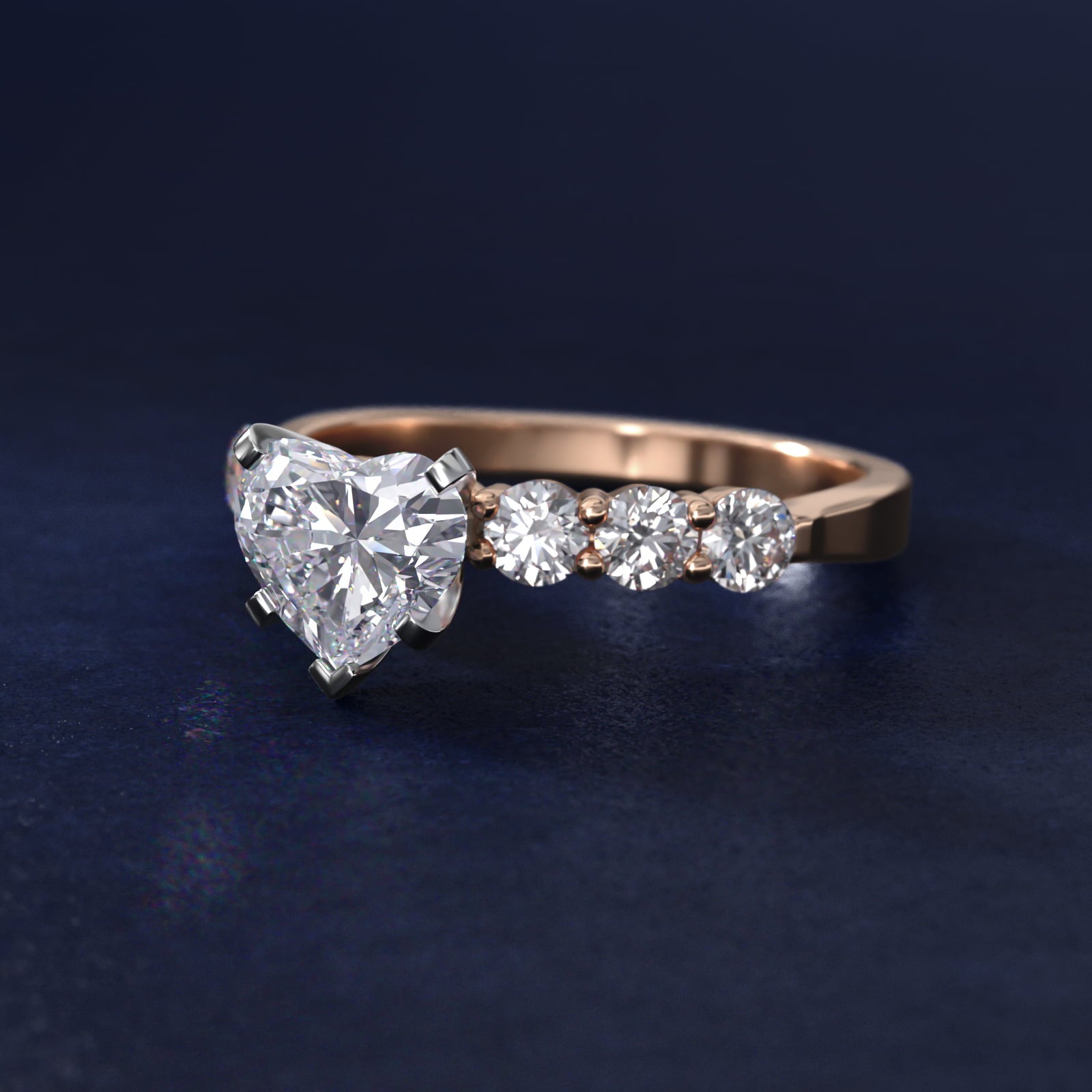 Six Round Side Stone Diamond Common Prong Engagement Ring In 18k Rose Gold By James Allen - Heart Center