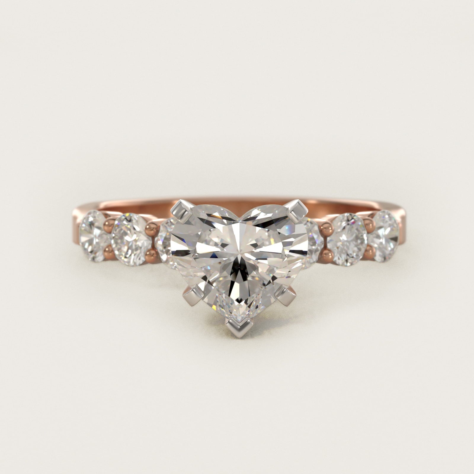 Six Round Side Stone Diamond Common Prong Engagement Ring In 14K Rose Gold By James Allen - Heart Center