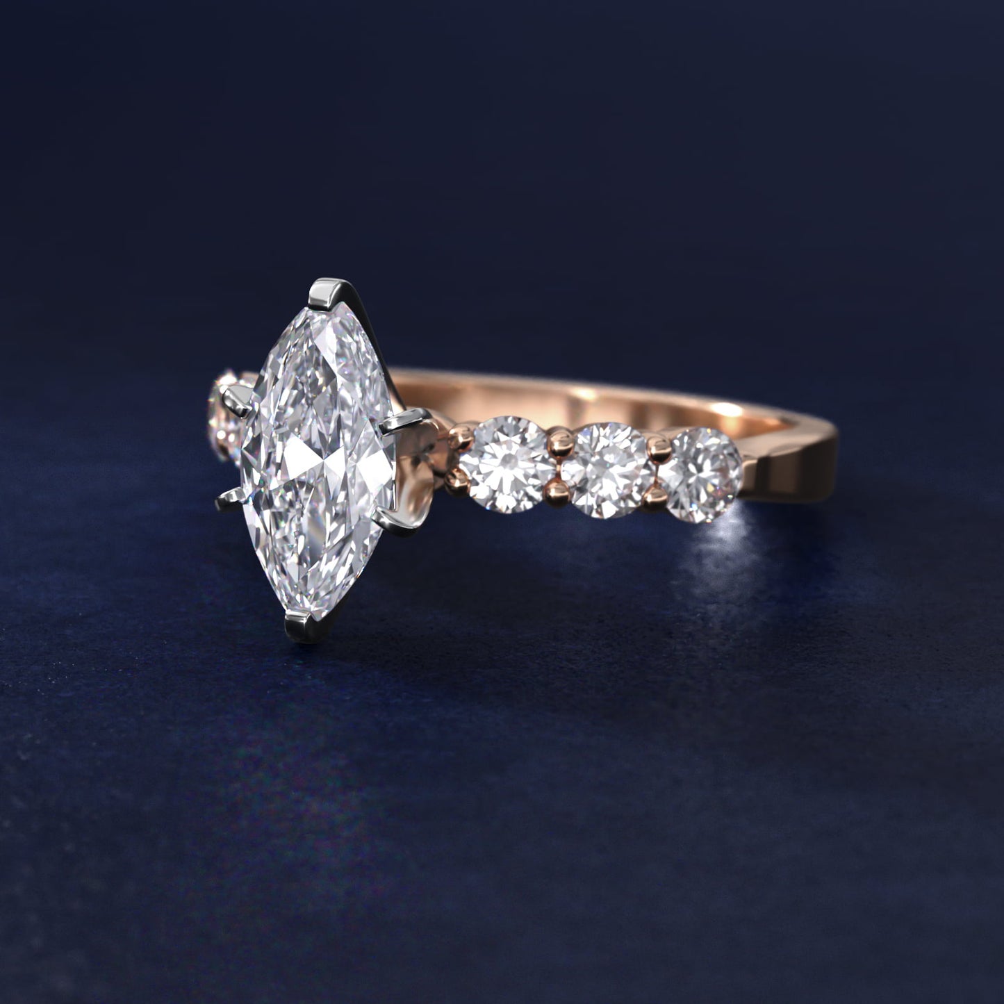Six Round Side Stone Diamond Common Prong Engagement Ring In 14K Rose Gold By James Allen - Marquise Center