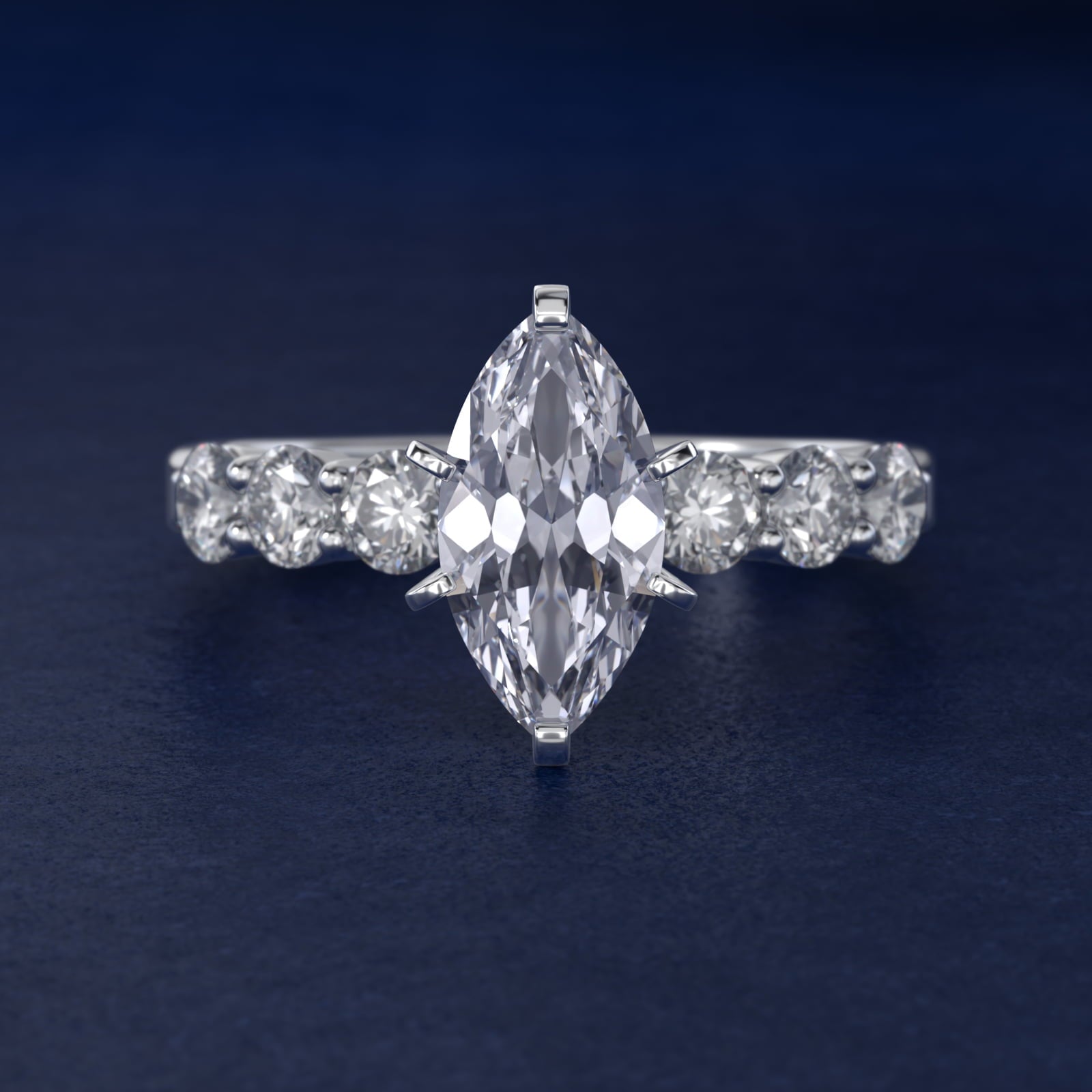Six Round Side Stone Diamond Common Prong Engagement Ring In 18k White Gold By James Allen - Marquise Center