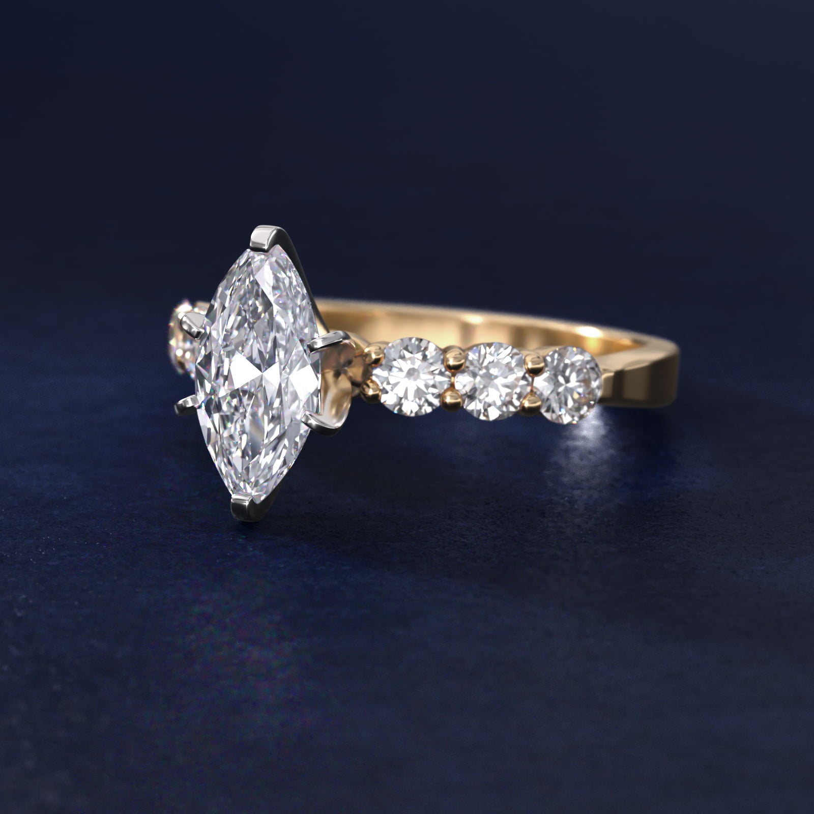 Six Round Side Stone Diamond Common Prong Engagement Ring In 18k Yellow Gold By James Allen - Marquise Center