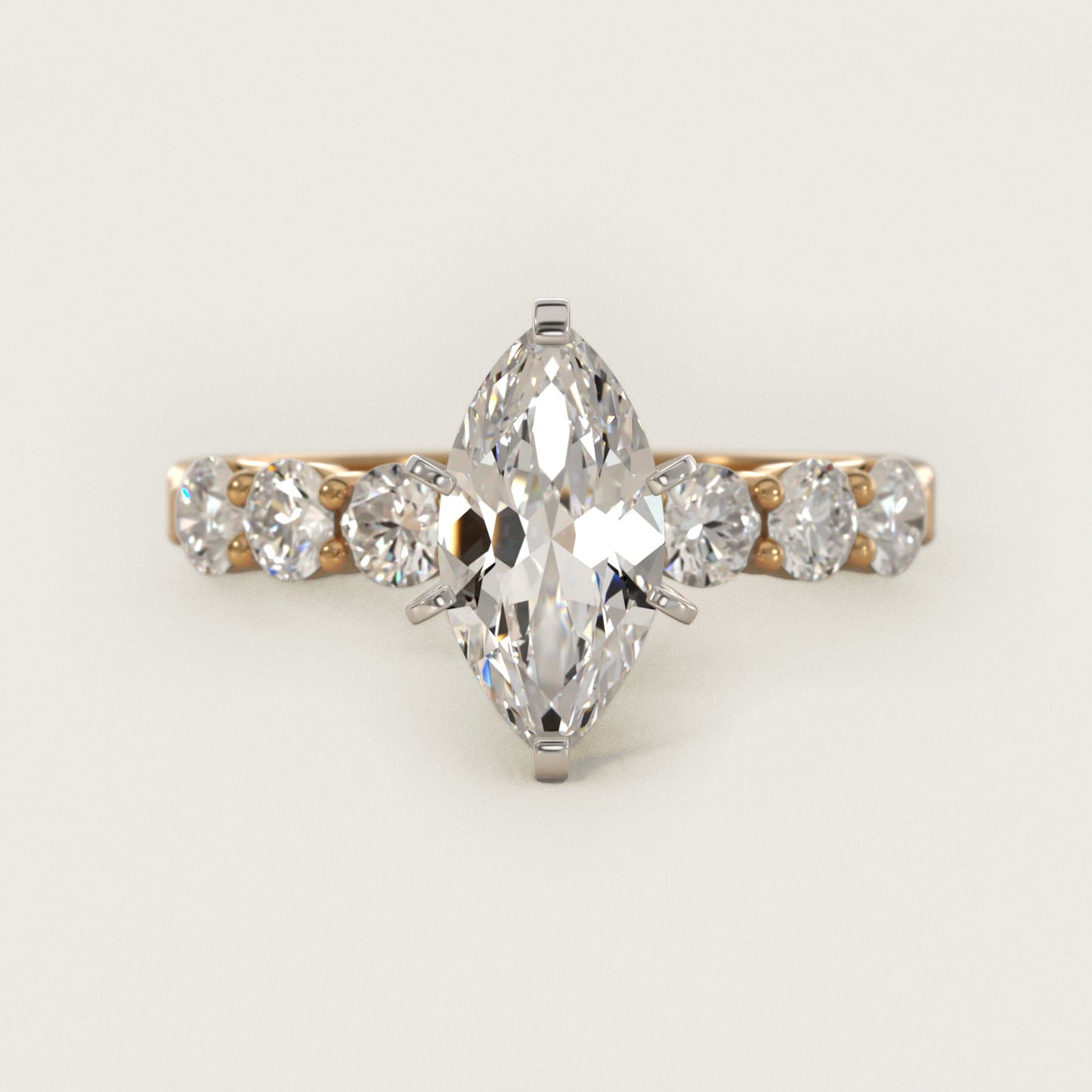 Six Round Side Stone Diamond Common Prong Engagement Ring In 14K Yellow Gold By James Allen - Marquise Center