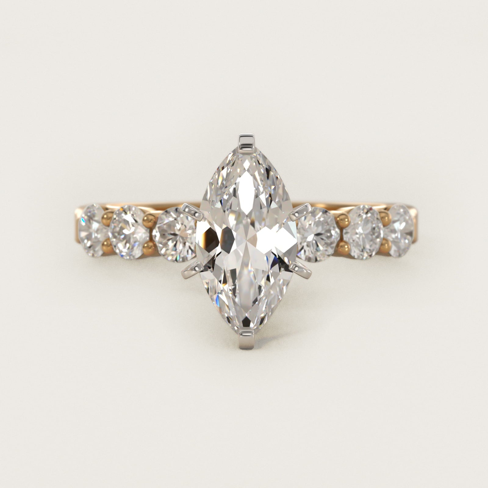 Six Round Side Stone Diamond Common Prong Engagement Ring In 18k Yellow Gold By James Allen - Marquise Center