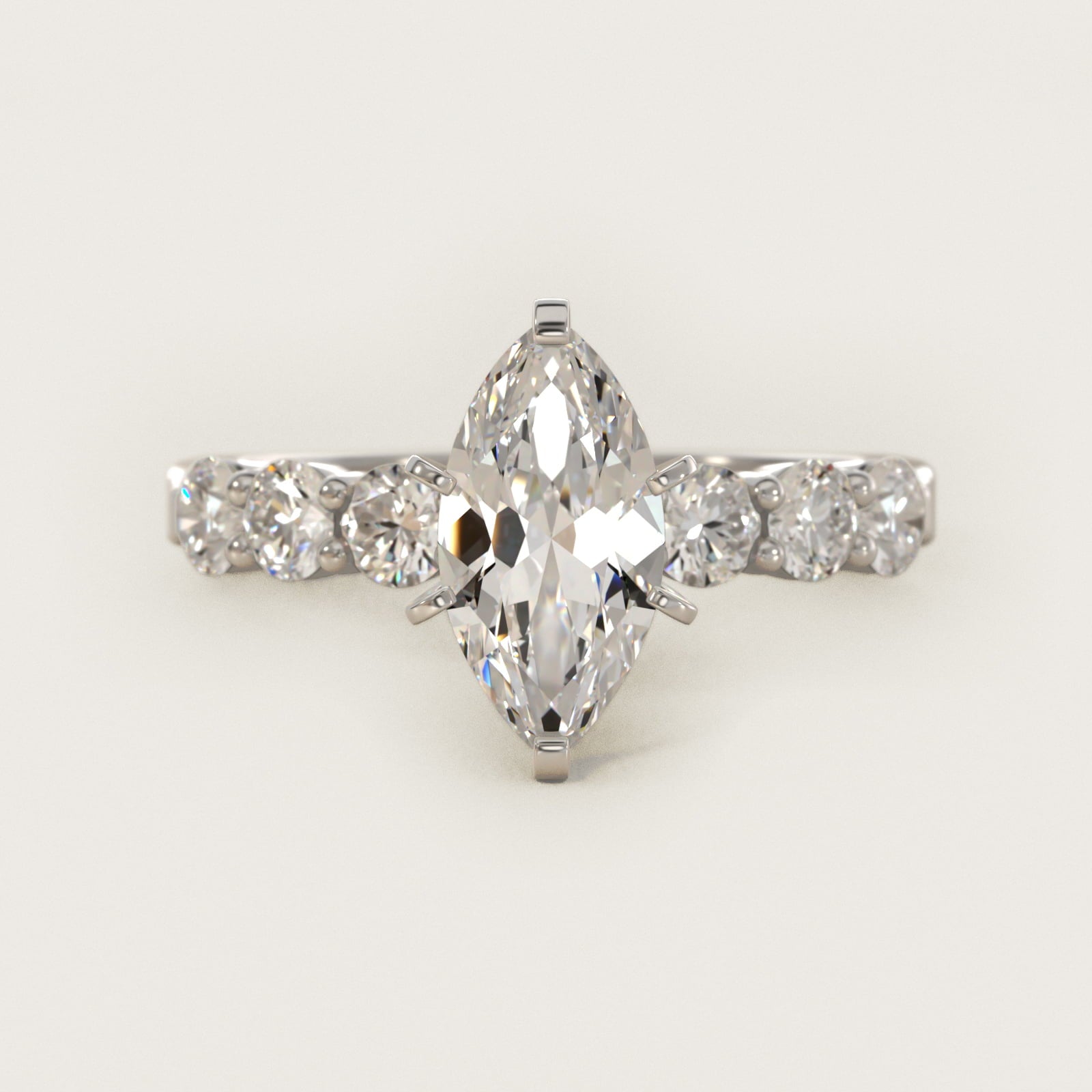 Six Round Side Stone Diamond Common Prong Engagement Ring In Platinum By James Allen - Marquise Center