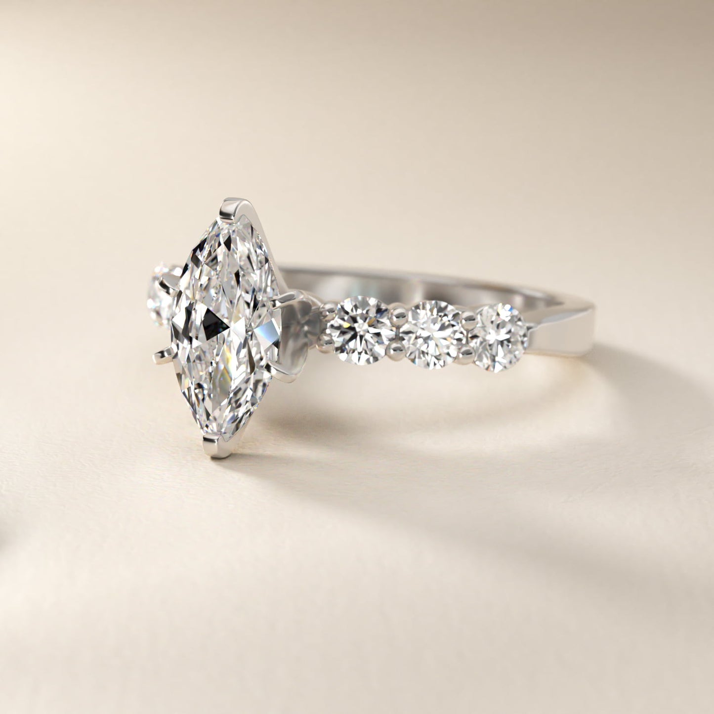 Six Round Side Stone Diamond Common Prong Engagement Ring In Platinum By James Allen - Marquise Center
