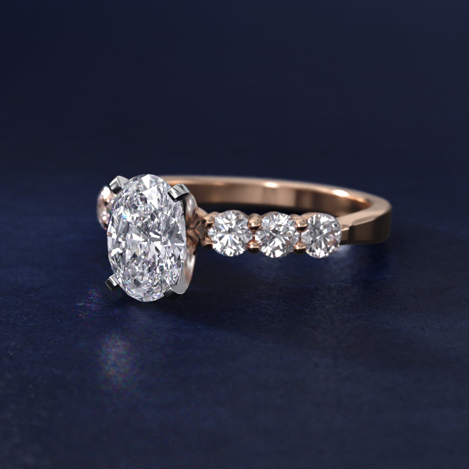 Six Round Side Stone Diamond Common Prong Engagement Ring In 18k Rose Gold By James Allen - Oval Center