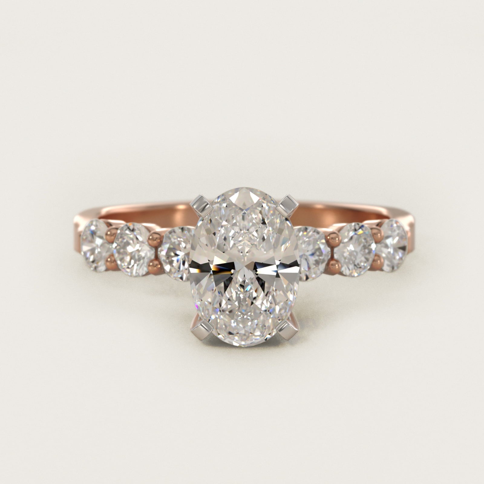 Six Round Side Stone Diamond Common Prong Engagement Ring In 14K Rose Gold By James Allen - Oval Center