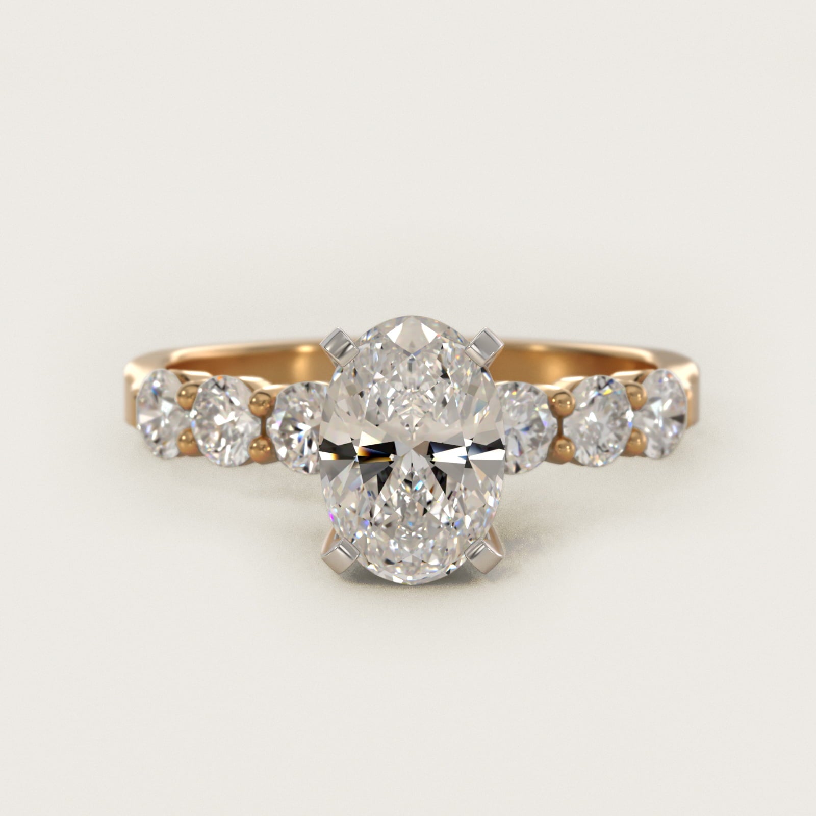 Six Round Side Stone Diamond Common Prong Engagement Ring In 14K Yellow Gold By James Allen - Oval Center