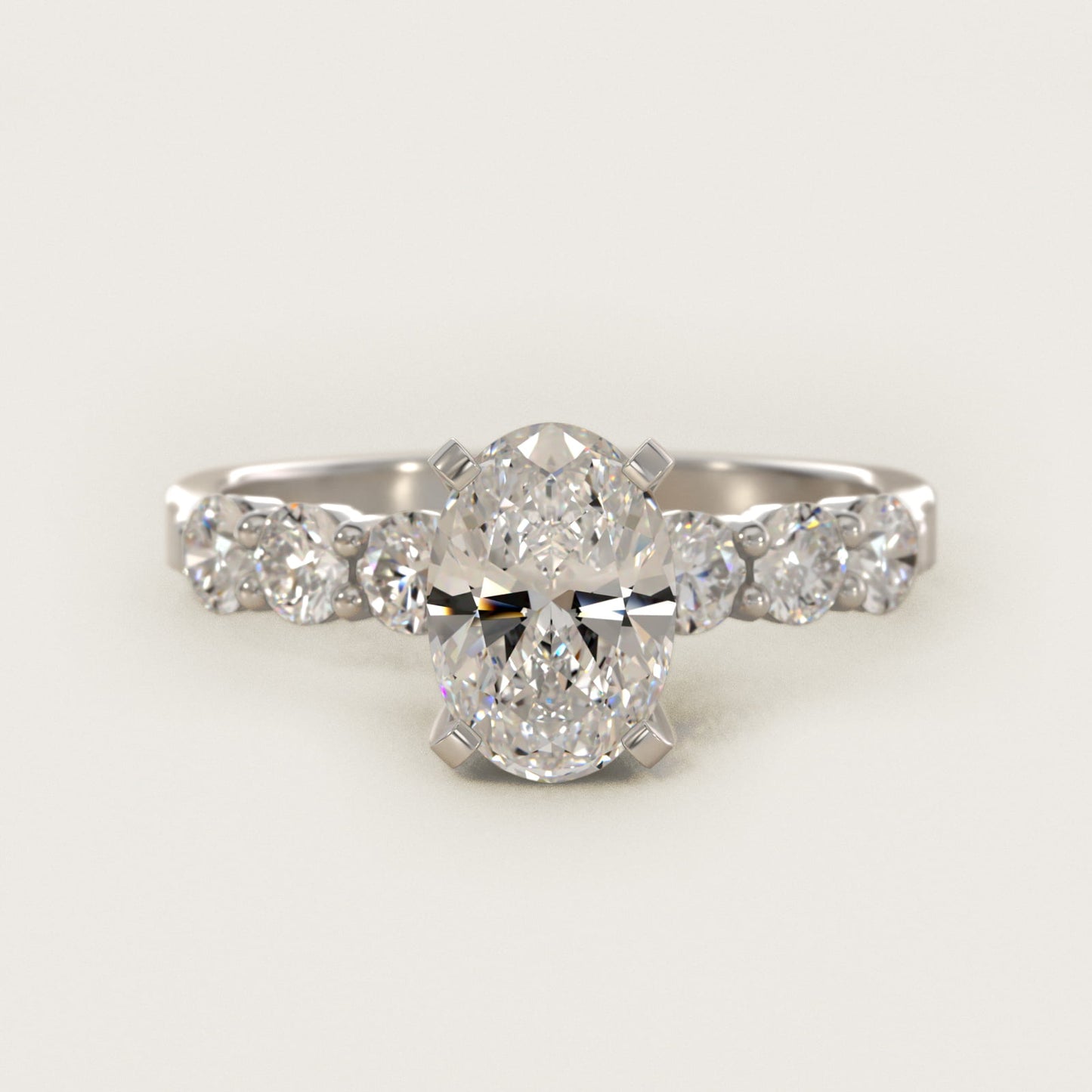 Six Round Side Stone Diamond Common Prong Engagement Ring In Platinum By James Allen - Oval Center
