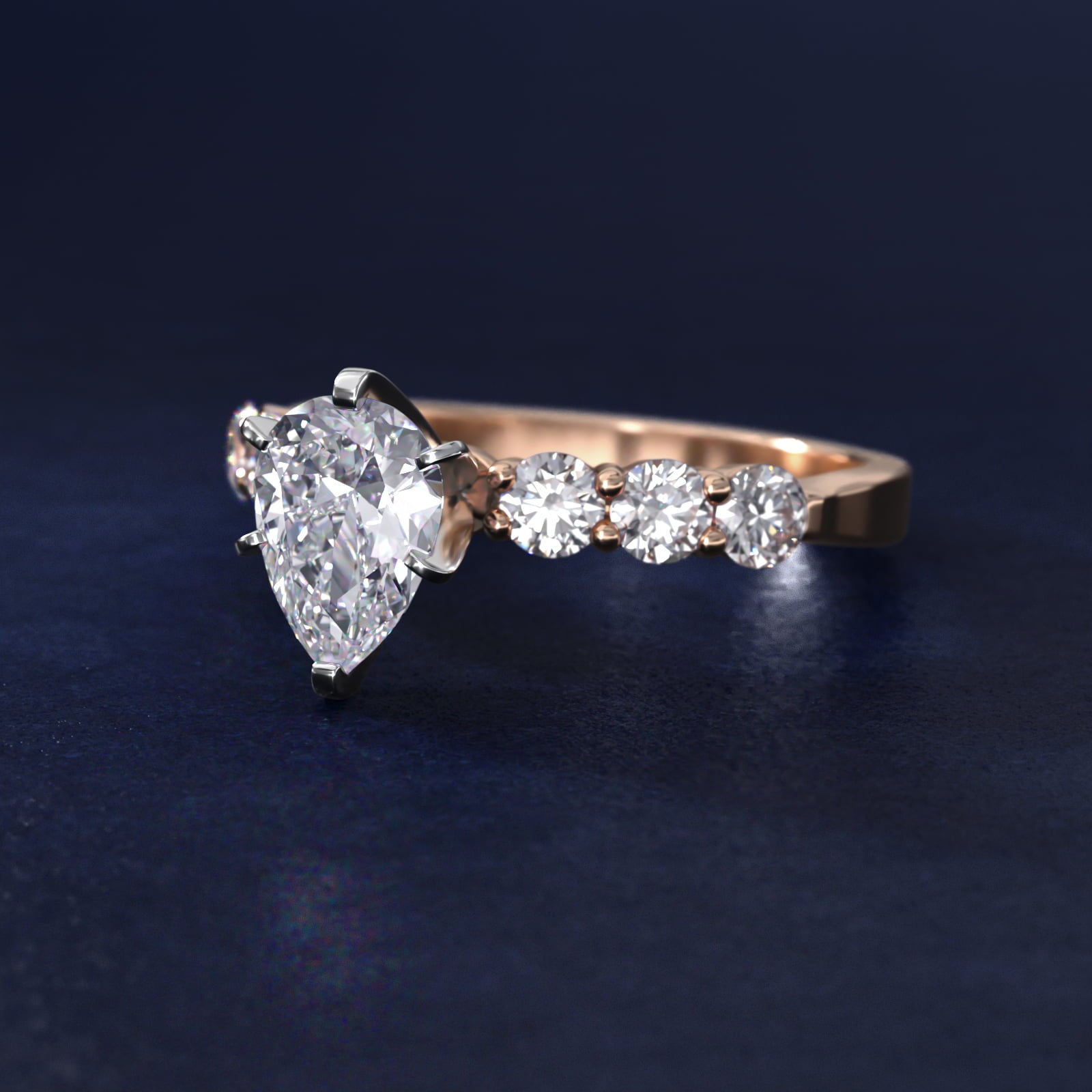Six Round Side Stone Diamond Common Prong Engagement Ring In 18k Rose Gold By James Allen - Pear Center