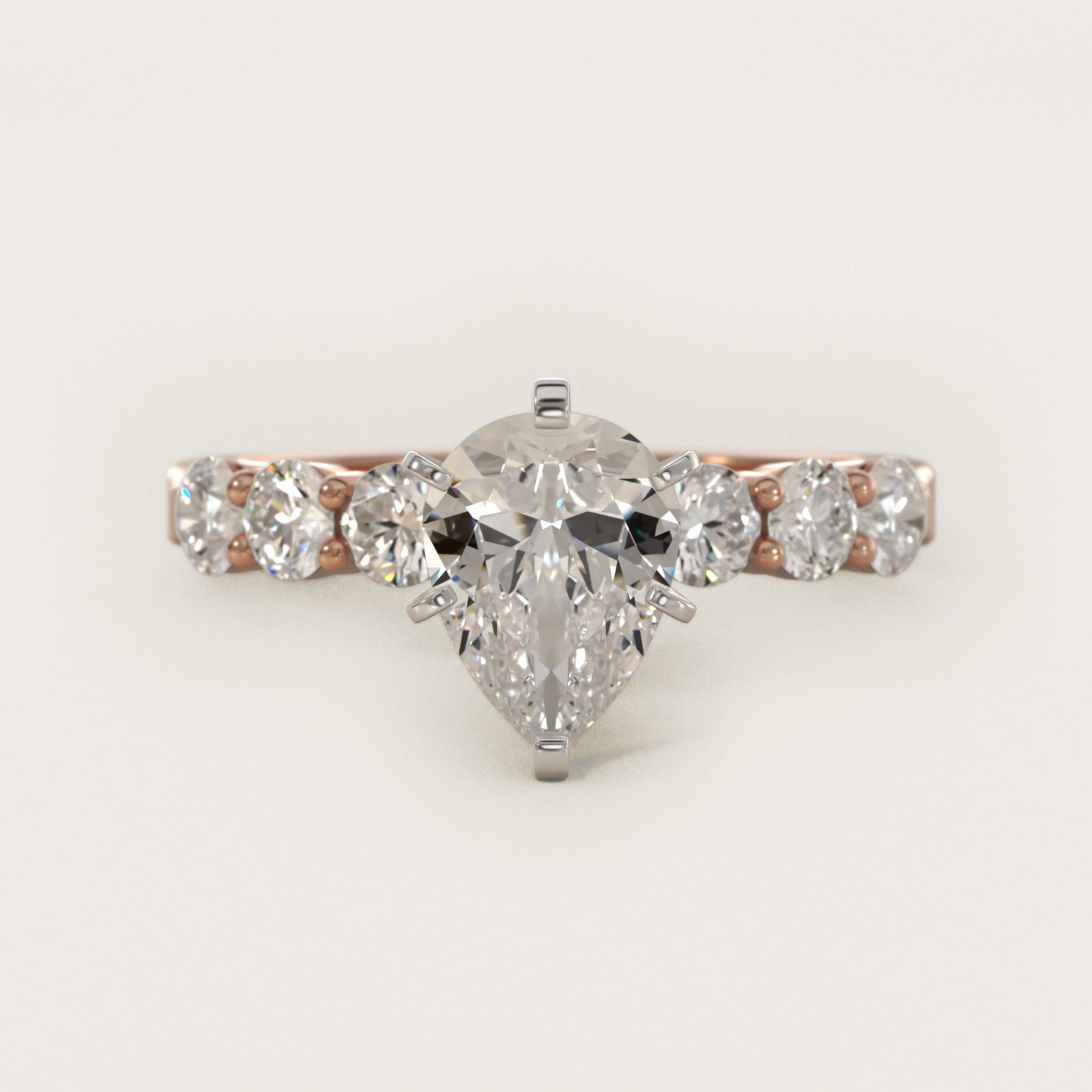 Six Round Side Stone Diamond Common Prong Engagement Ring In 14K Rose Gold By James Allen - Pear Center