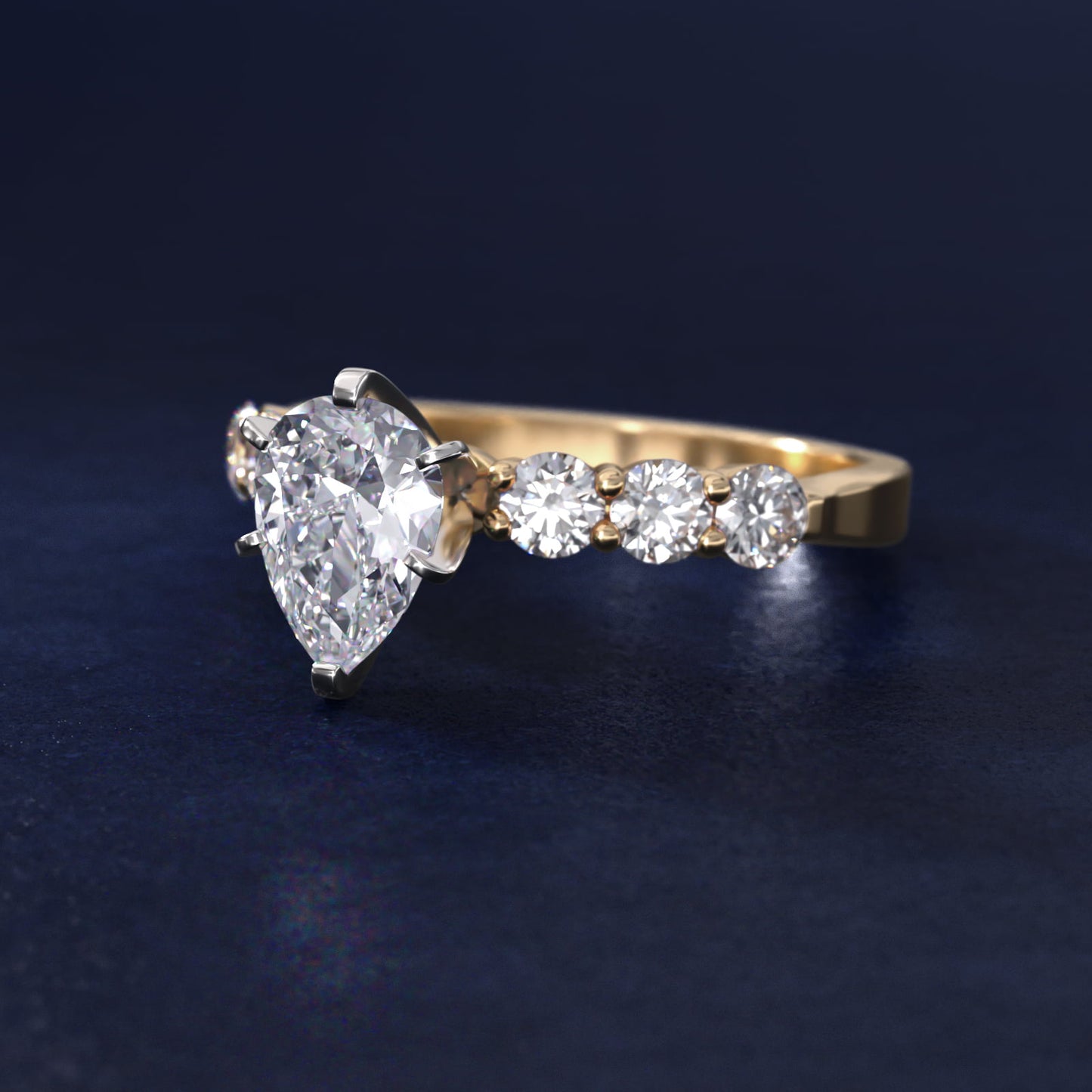 Six Round Side Stone Diamond Common Prong Engagement Ring In 14K Yellow Gold By James Allen - Pear Center