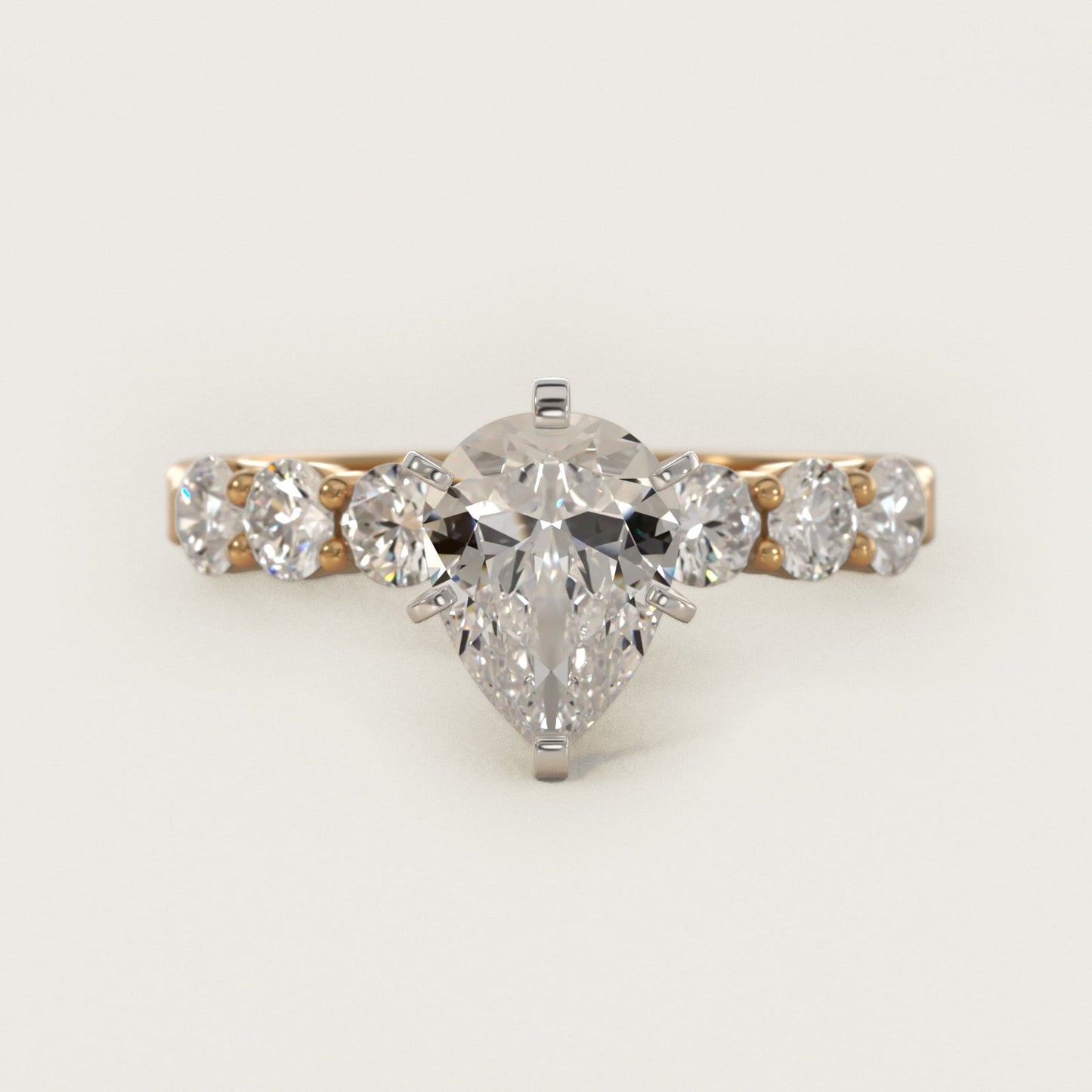 Six Round Side Stone Diamond Common Prong Engagement Ring In 14K Yellow Gold By James Allen - Pear Center
